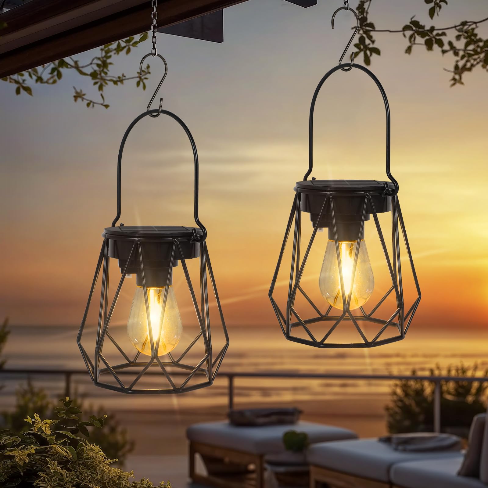 Ketom 2 Stück Solarlampen für Außen Hängend, IP65 Wasserdicht Metall Solarlaterne für Außen, LED Solar Laternen für Draußen für Garten, Patio, Weg, Camping, Rasen, Schwarz, Achteckig