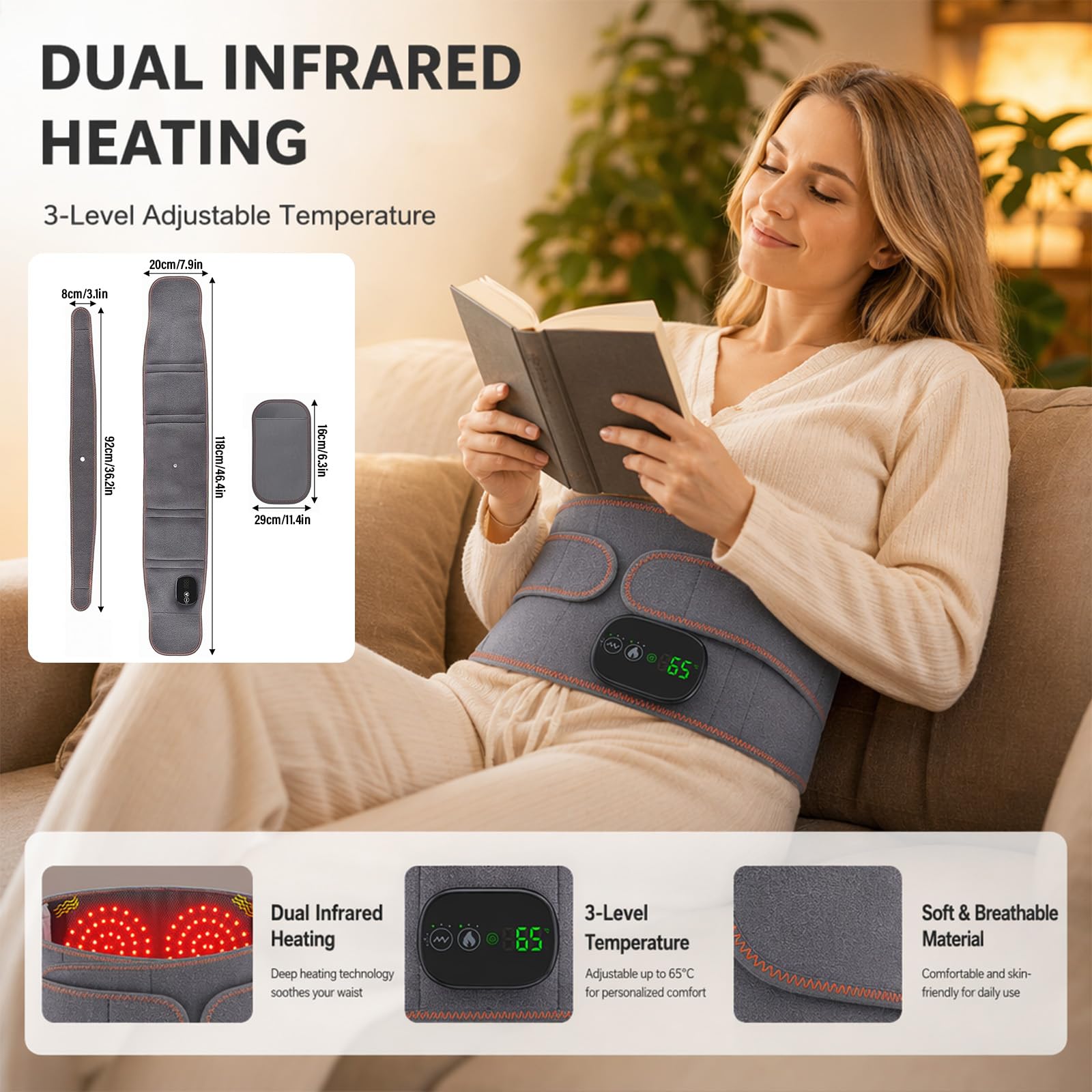 Cinturón térmico para espalda inalámbrico, con 3 niveles de calor y 3 niveles de vibración, batería de 5000 mAh, pantalla táctil, calentador de espalda, cinturón de masaje, almohadilla térmica para