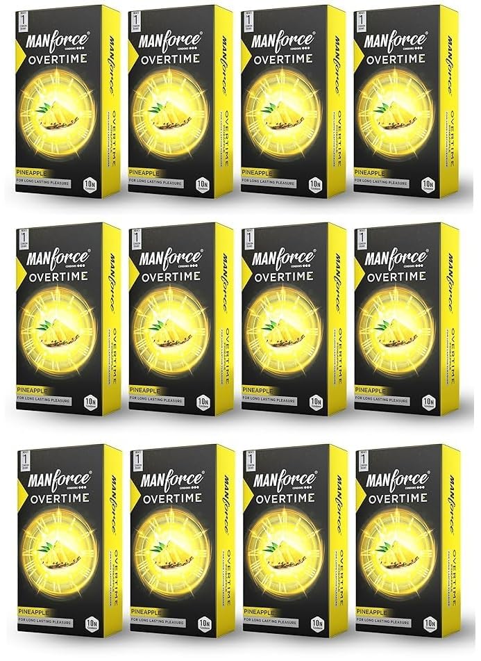 Manforce Overtime Pineapple Flavoured Condoms for Men| 3-in-1 Ribbed, Contoured, & Dotted for Extra Stimulation| Long-Lasting Pleasure | Lubricated Latex Condoms 10 Pcs x Pack of 12-picture-14