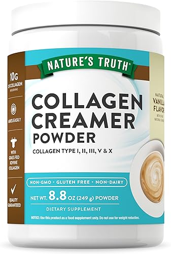 Crema de colágeno para café  8.8 onzas  Sabor vainilla  Péptido de colágeno alimentado con pasto tipo I, II, III, V y X  Suplemento de proteína en