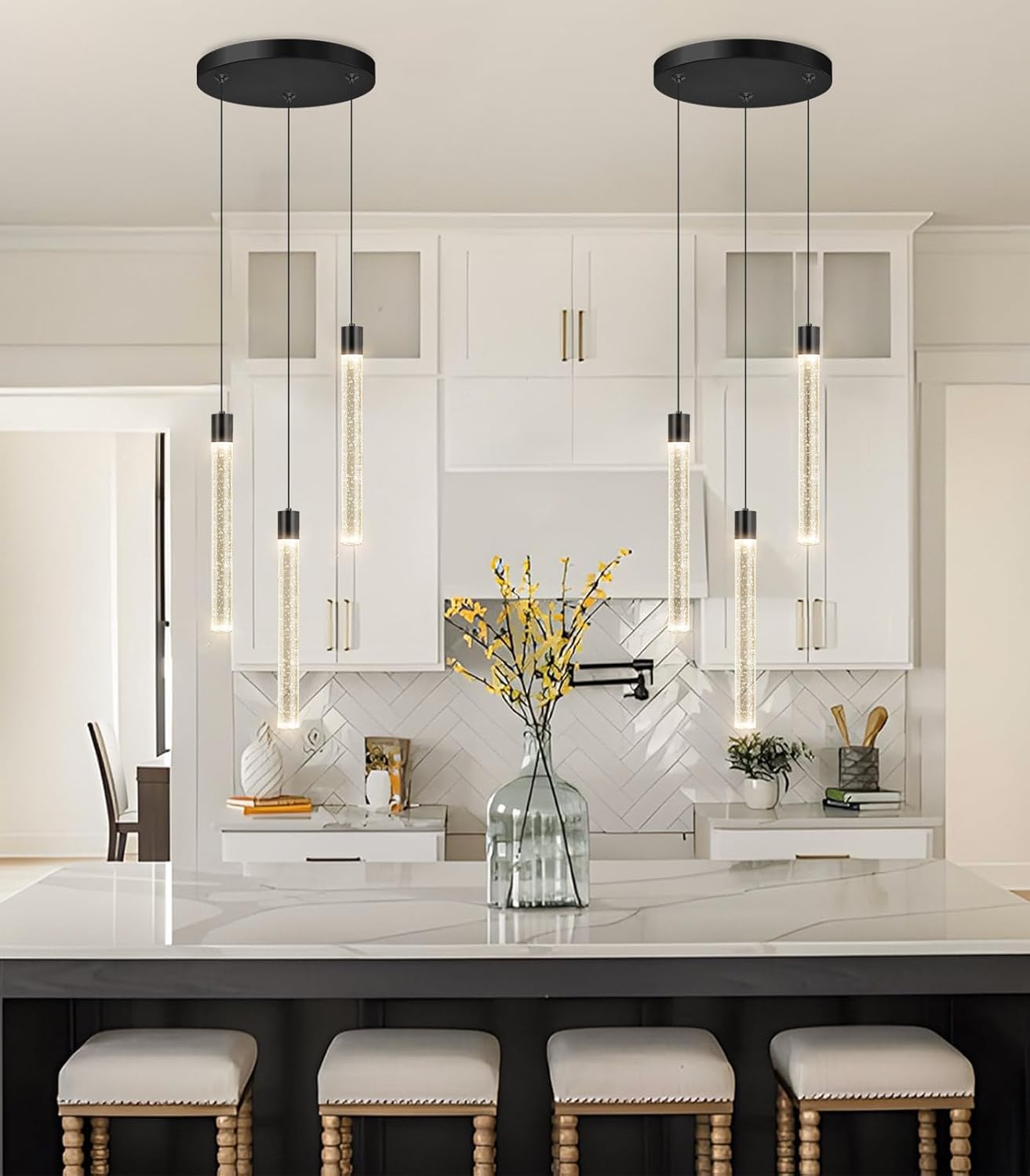 3 Lights Crystal Pendant Lights for Kitchen Island Mini Chandelier Adjustable Hanging Ceiling Light fixtures LED Dimmable Pendant Lighting for Dining Room Hallway