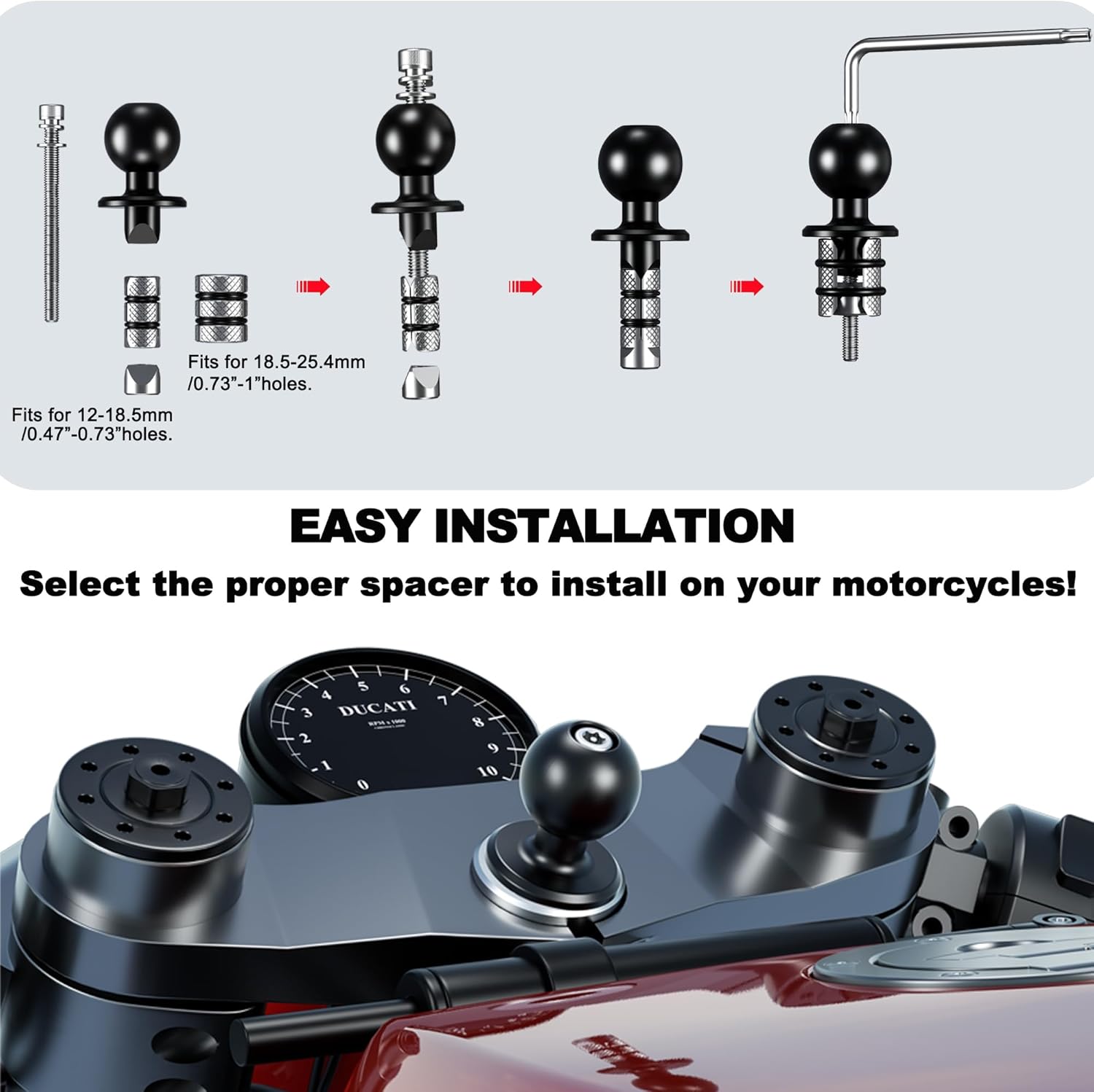 Anti-Vibration Motorcycle Fork Phone Mount with Dampers, 1" Ball Fork Stem Phone Holder Anti-Theft Suitable for 4.7"-7.2" Up to 15mm Thick Phones, Fits for BMW Yamaha...0.47"-1" Fork Holes