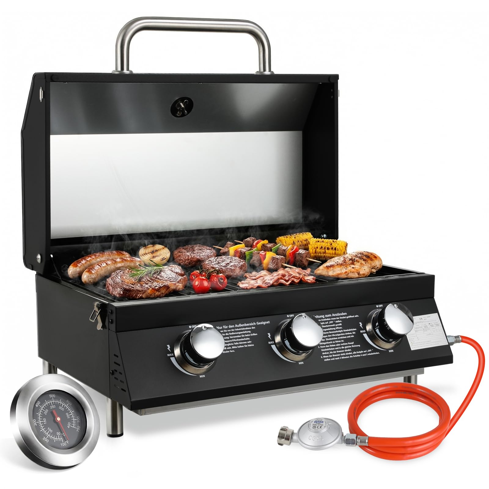 TLSUNNY 3 Brenner Gasgrill Klein, Kompakt Tischgasgrill mit Emaillierter Grillrost, Thermometer, Camping Gasgrill Tragbarer für BBQ, Balkon, Garten, 6.6kW, 60 x 33 cm Grillfläche, 4PCS Füße, Schwarz