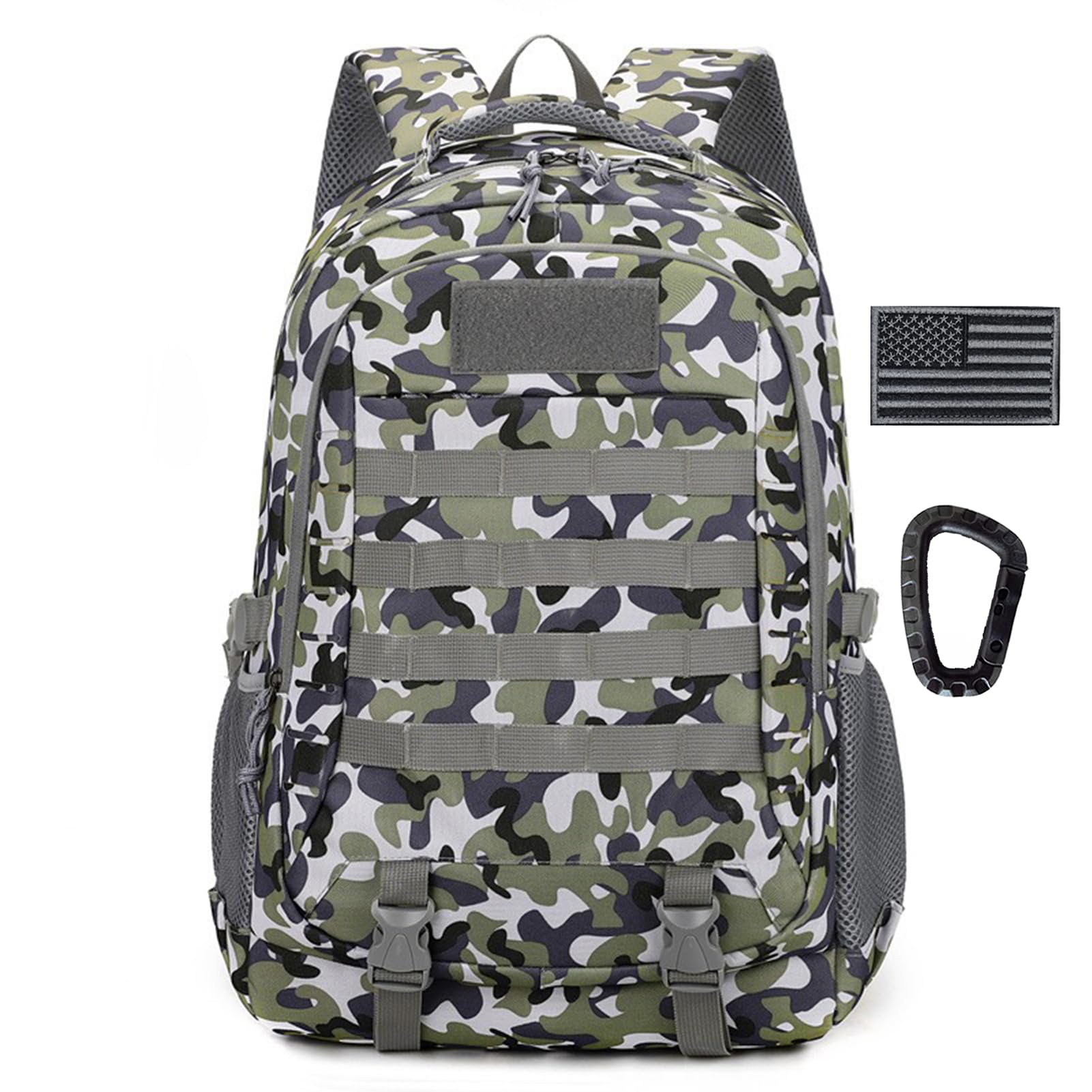 Aocmpxs Tactical Backpack, 35L Military Backpacks Hiking Daypack for Men and Women Water-Resistant 3 Day Assault Bag Molle Army Pack with US Flag Patch and Carabiner (Camo)
