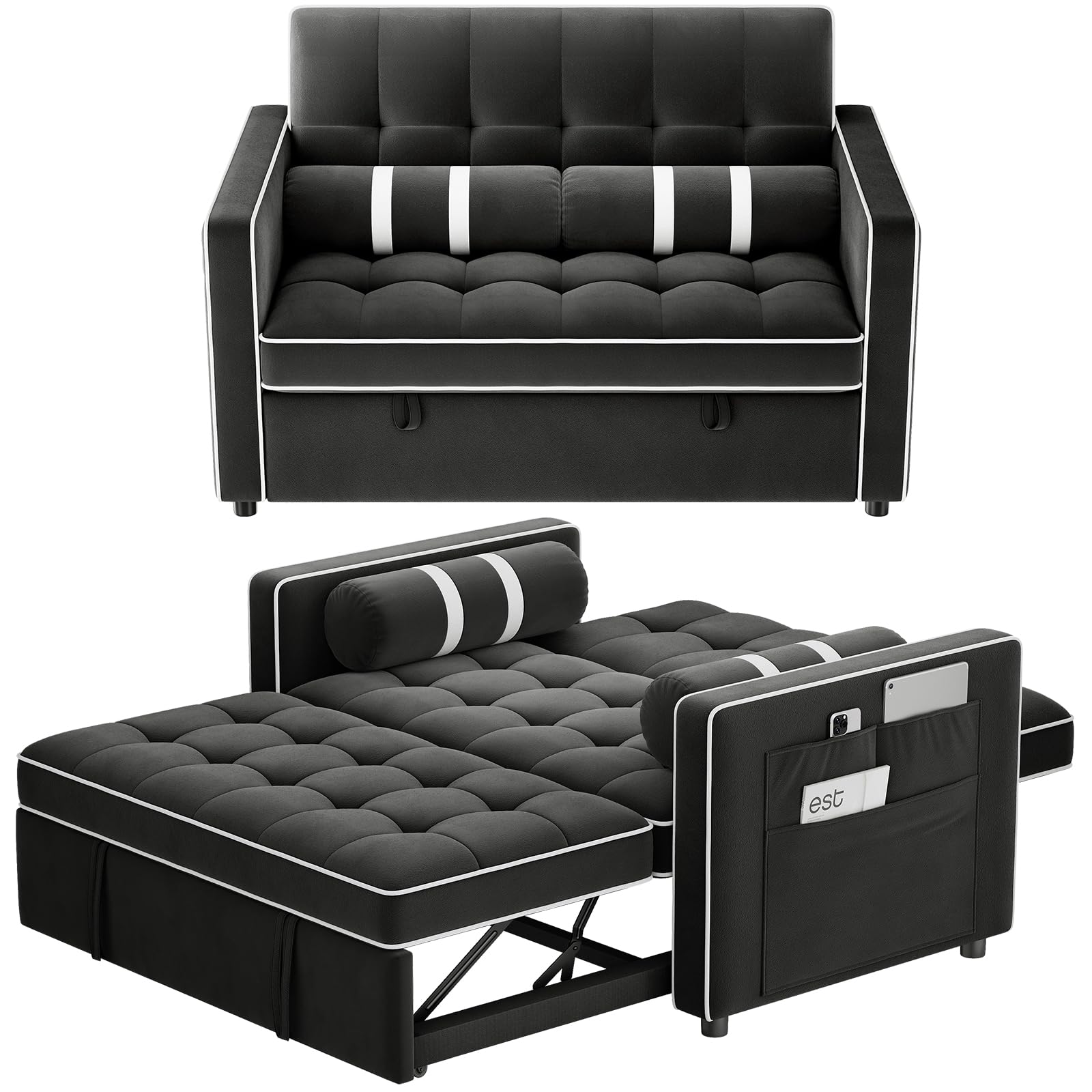 Marsail 3-in-1 Convertible Futon Sleeper Sofa Bed, Pull Out Couch with Adjustable Backrest, USB Charging & Side Pockets, Velvet Fabric Sofa for Living Room, Apartment, Loveseat, Black