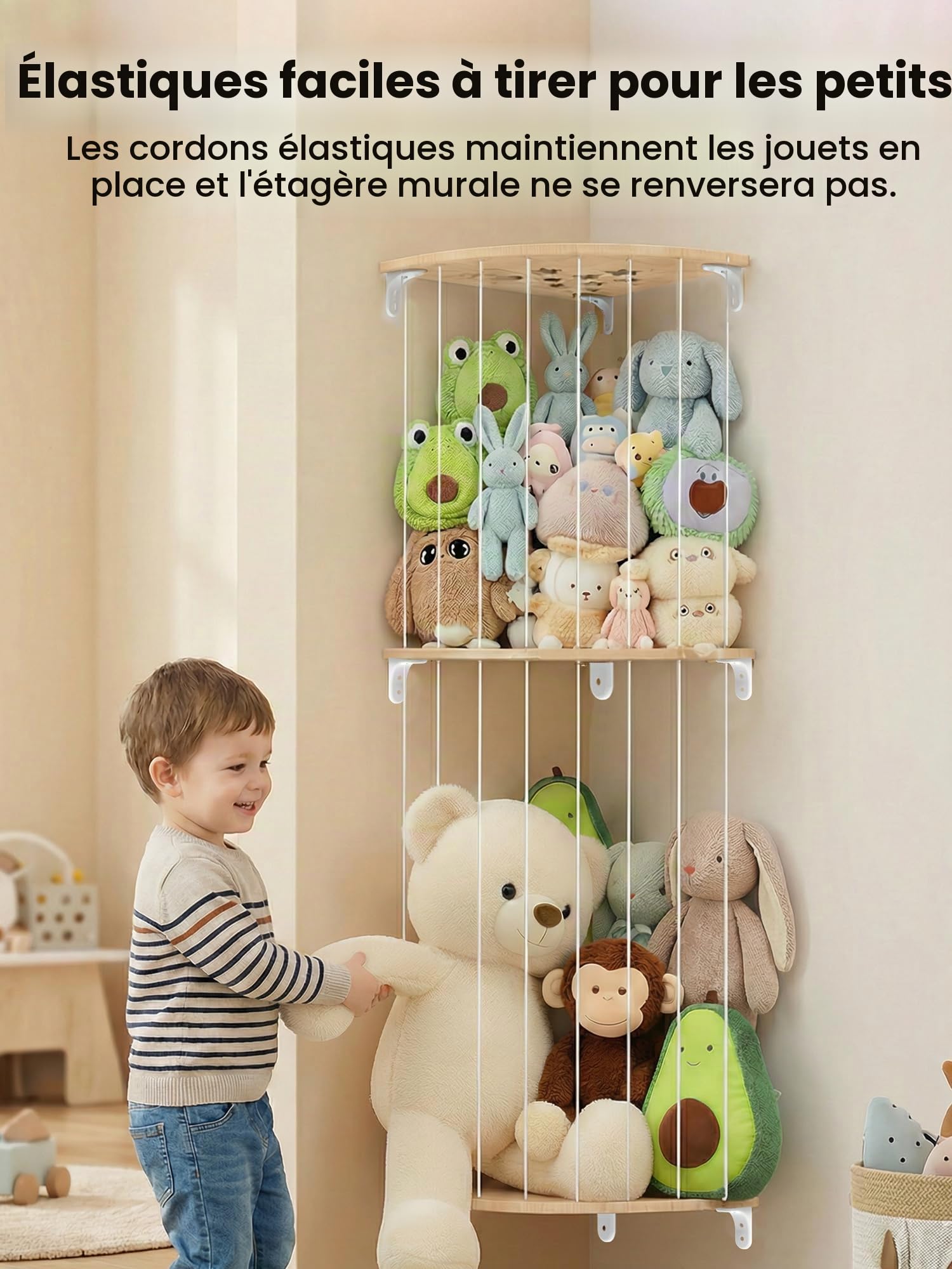SUNMON Rangement Peluches Enfant, Rangement Peluche Mural, Hauteur Réglable de 110 à 180 cm, Conception à 2 Couche avec Sangles Elastiques, Étagère Murale pour Ranger Peluches