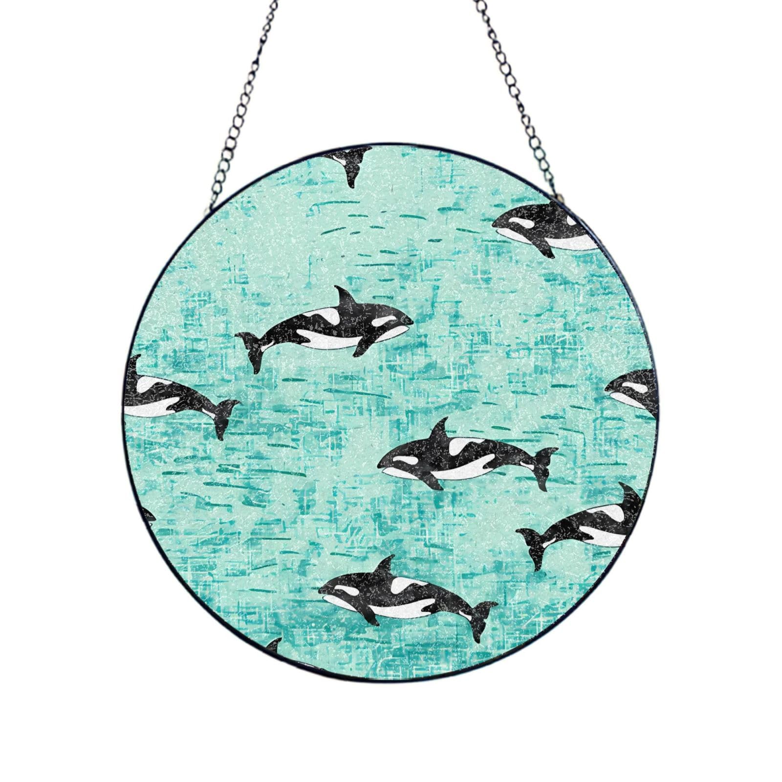 Poezjzw Stained Glass Window Hanging - Pacific Ocean Whale Sun Catcher For Door Garden Home Decor Christmas Mother'S Day Birthday Gifts 12in（30cm）