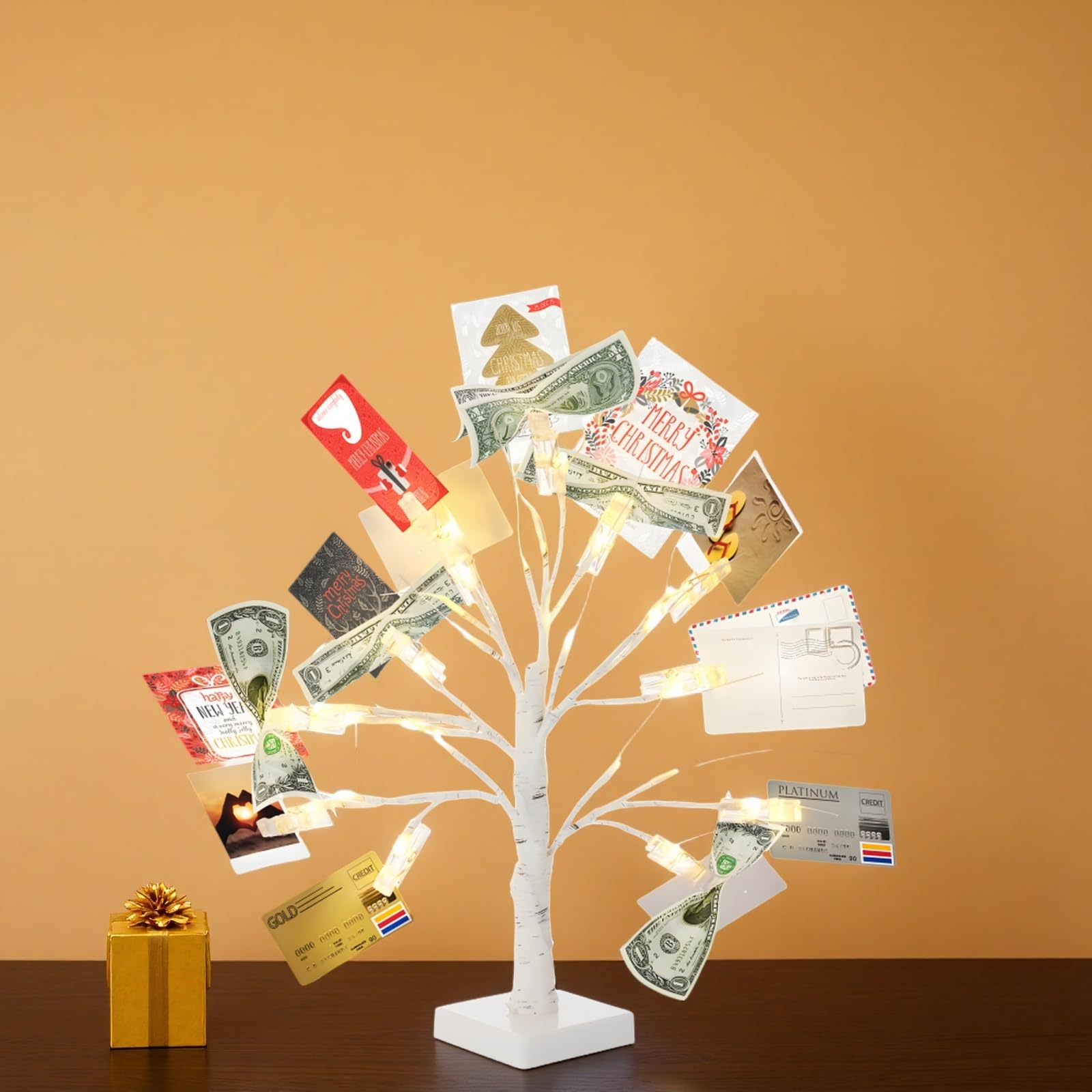 LED Geldbaum Geschenkhalter mit 12 transparenten Clips, Halter für Fotos, Bargeld und Lottoscheine, Deko für Schreibtisch und Zuhause, für Weihnachten, Notizen, Geburtstag, Hochzeit, Abschluss