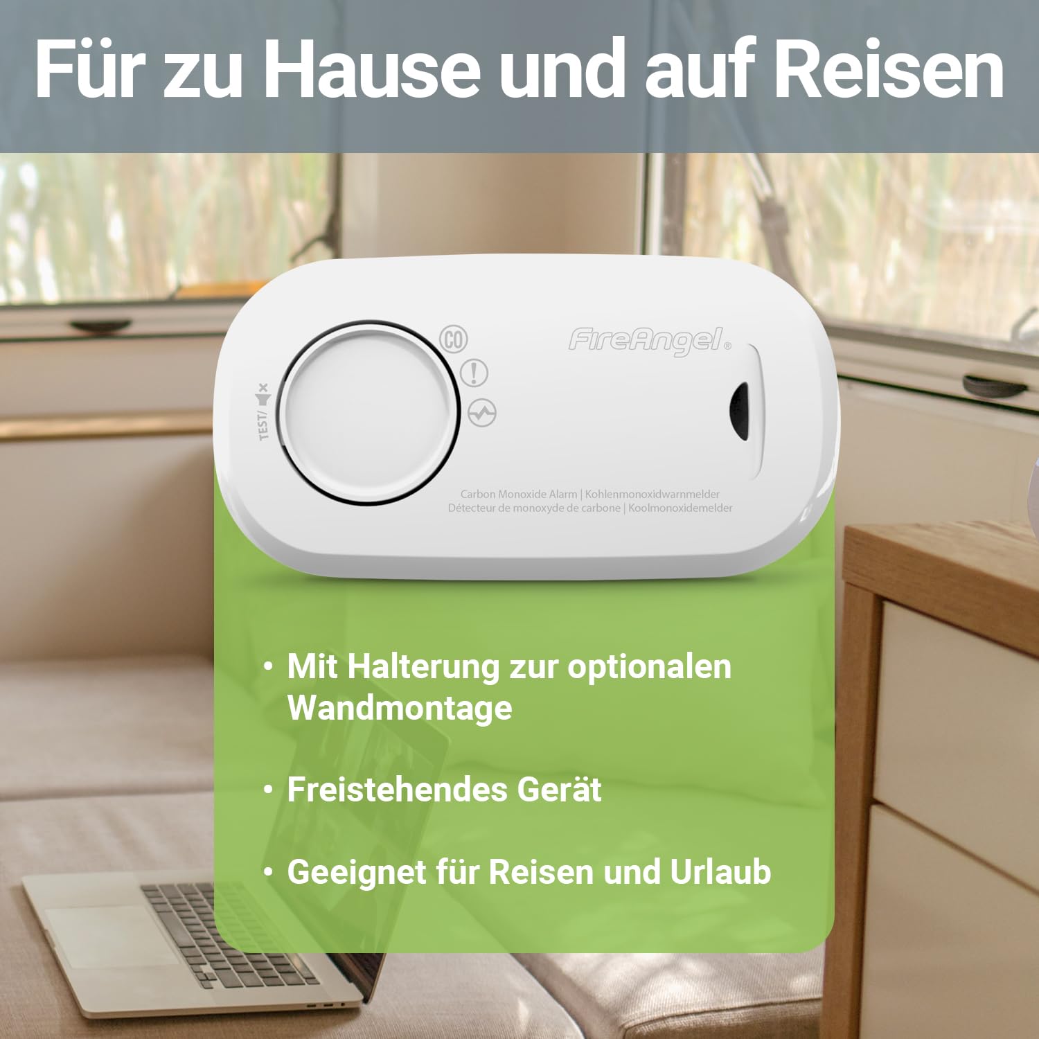 Fire Angel Kohlenmonoxidmelder und Alarm - FA3313 Sensor mit 10 Jahren Lebensdauer - CO Melder für Zuhause - Austauschbare Batterie, 1 Jahr Laufzeit - Reise CO Warner und -Monitor - Weiß