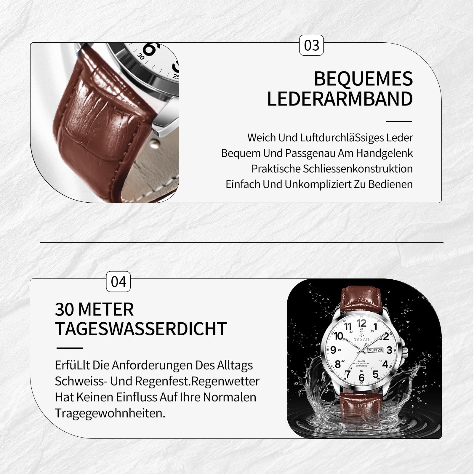 Taxau Uhren Herren Klassischus Lederarmband Wasserdicht Großes Zifferblatt