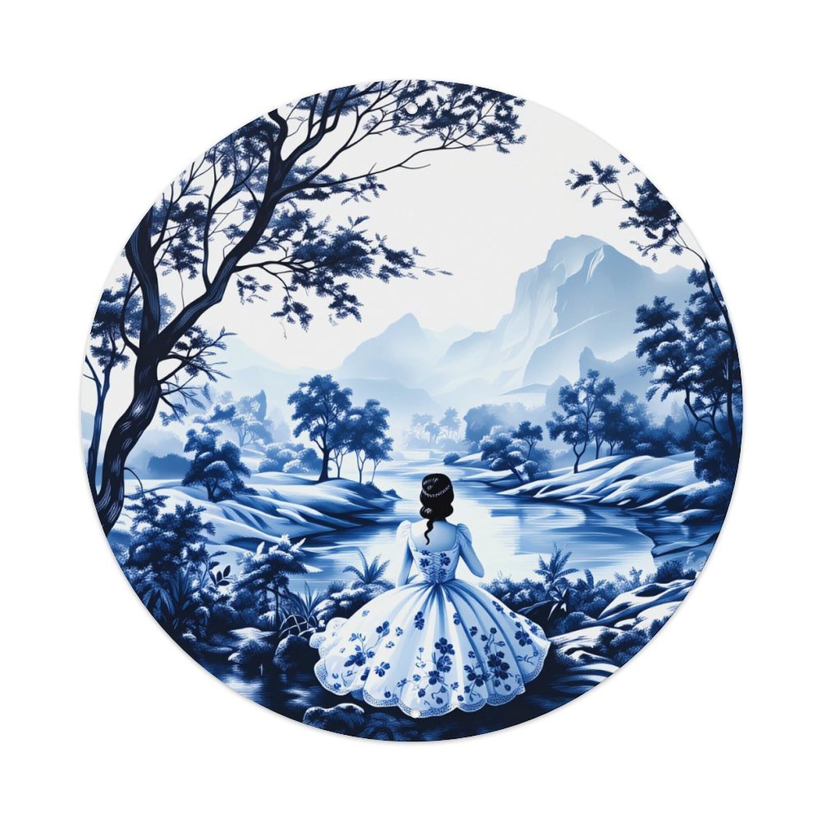 Blue And White Landscape Pattern Round Tin Sign Vintage Style Metal Sign Home Bar Garden Wall Plaque Decor Metal Poster 8x8 Inch