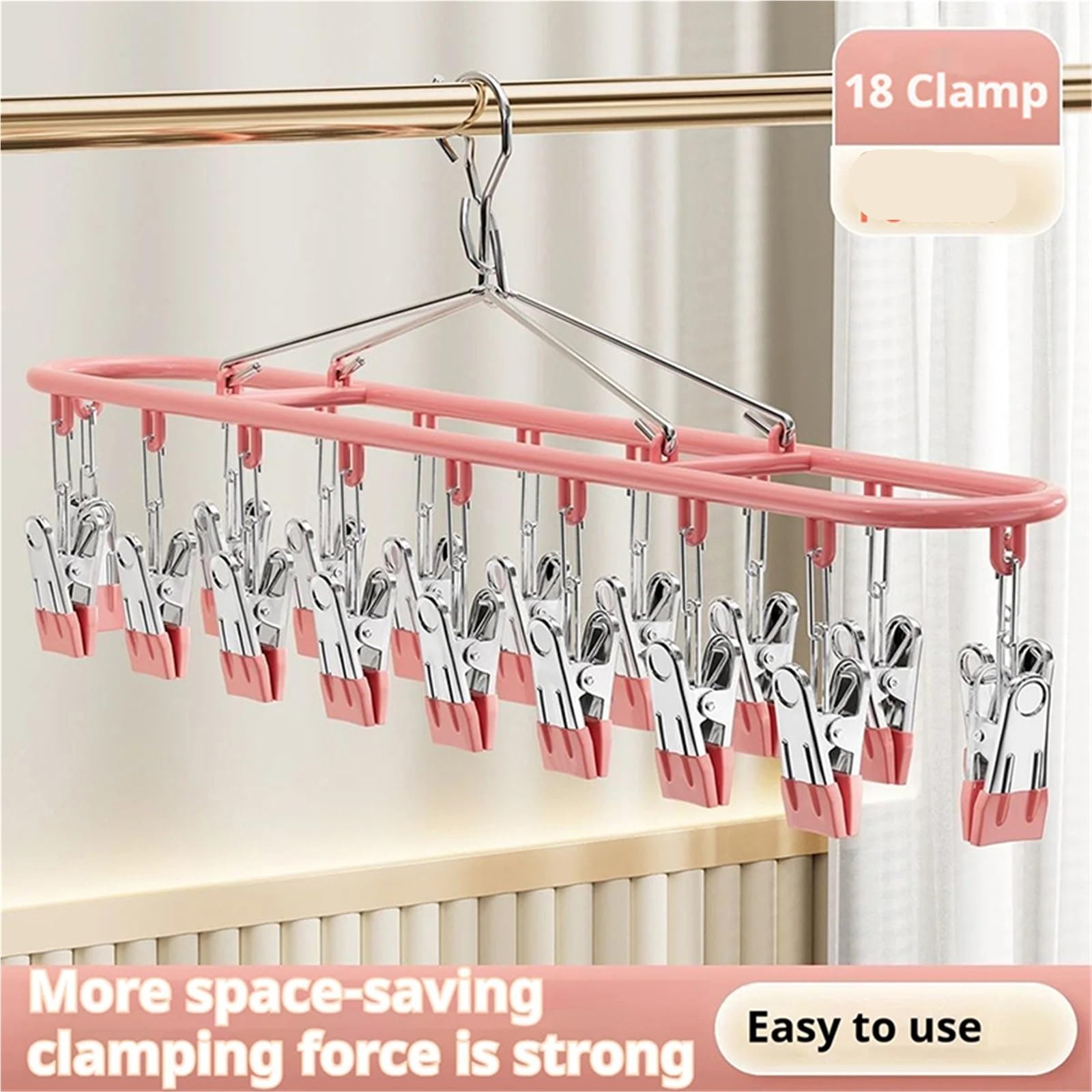 Stendino per Calzini Stendibiancheria in acciaio inox | Appendiabiti pieghevole con 18 clip Salvaspazio for armadio, organizer for calzini, reggiseni, asciugamani(Pink)