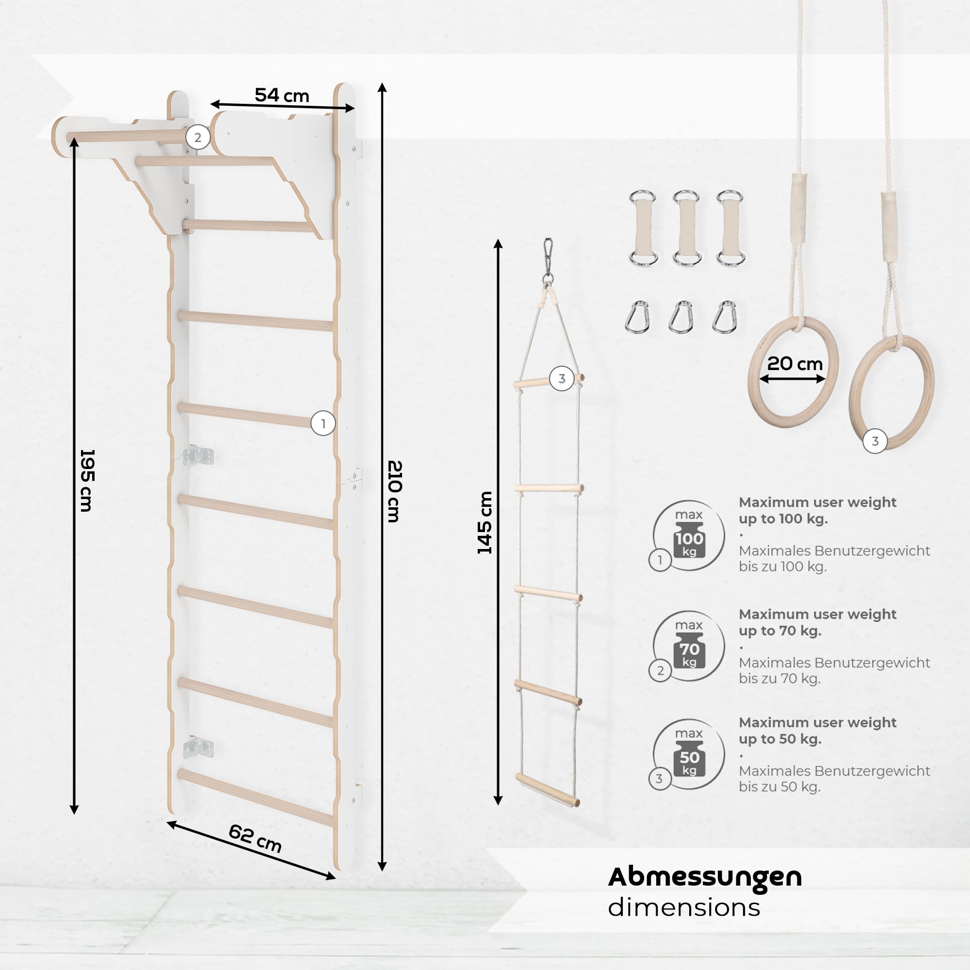 Barra de gimnasia para niños (210 cm), escalera de madera montada en la pared, anillos de gimnasia, esterilla protectora, cuerda de escalada, 100% ecológico, fabricado