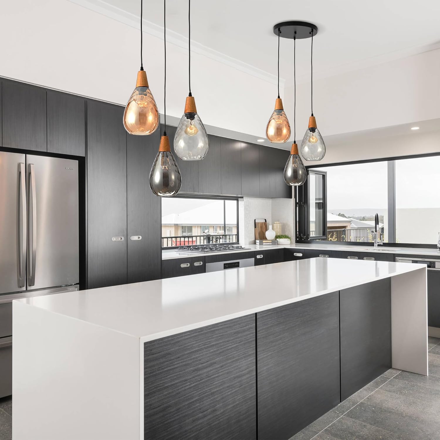 Modern Glass Pendant Light Fixtures, 3 Lights Hammered Glass Pendant Lights, Vintage Cluster Pendant Light in Matte Black Finish, Hanging Lamp for Dining Room Kitchen Sink Foyer Cafe Bar