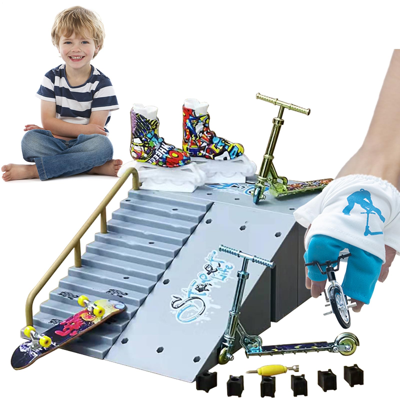Mini Skateboard Fingerboard Set - 11 pieces toy, 6 Ramps Obstacles 6 Boards Tecĥ Decķ Compatible | Fingerboard Park Play Kit Tricks Skill Challenge Collectible Toy Adults Kids Fun Entertainment Gear