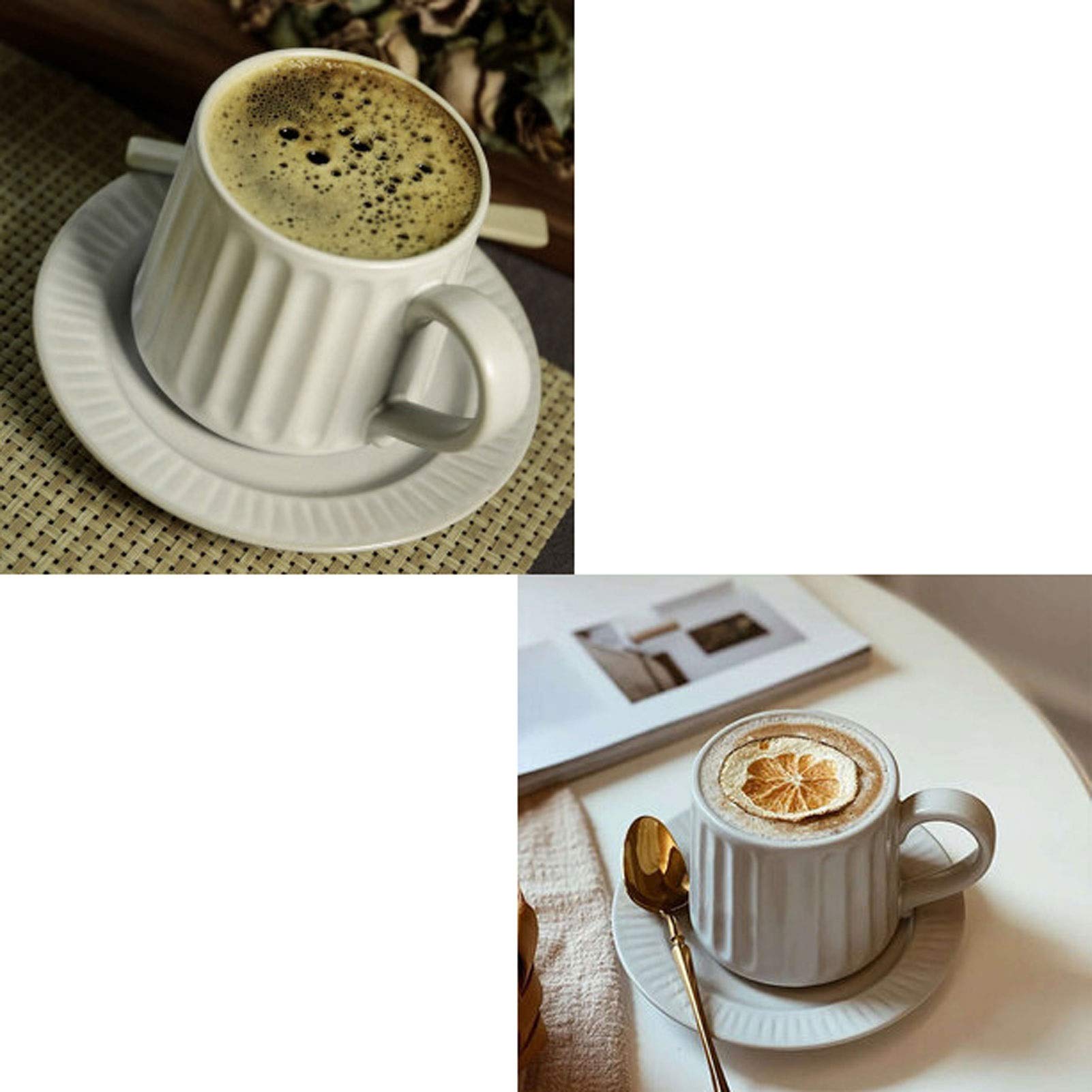 Filiżanki do kawy kubki wklęsłe w paski, gruby ceramiczny kubek francuski luksusowy zestaw do kawy retro wiszący kubek do kawy, z popołudniową herbatą, deserem, szczęściem i romantyzmem, prezent dla