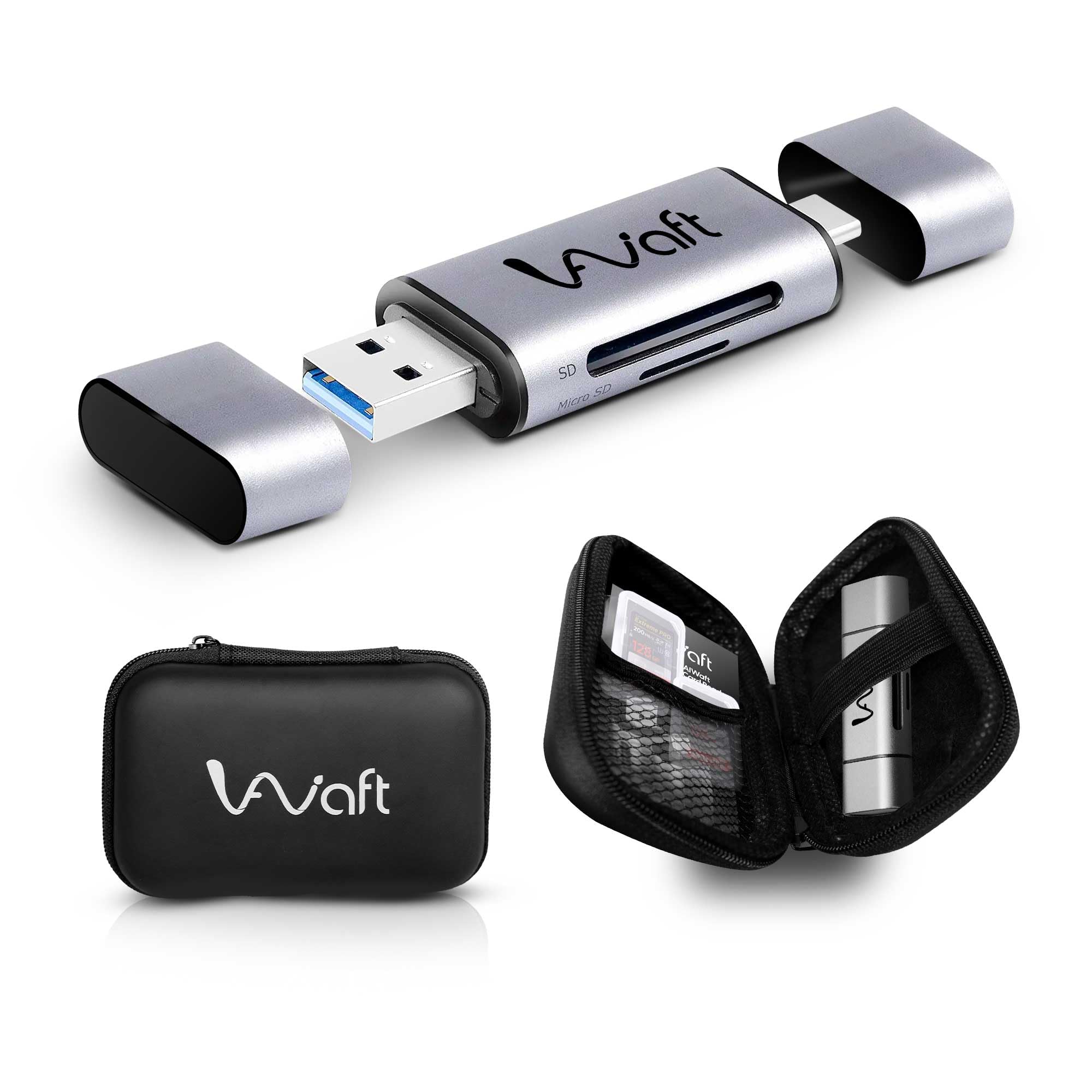 2-in-1 High-Speed Card Reader | USB 3.0 & Type-C | Premium Aluminum Body with Protective Case | Supports SD, SDHC, SDXC, MicroSD | Fast Data Transfer & OTG Compatible for All Devices