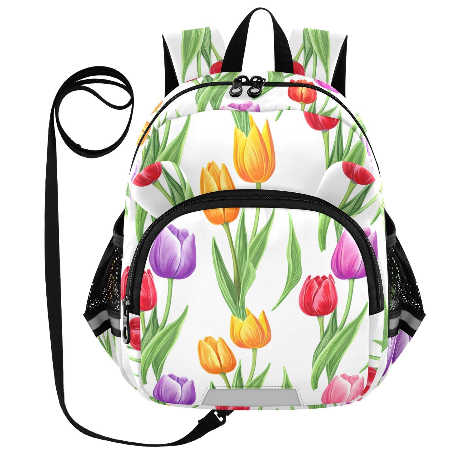 Colorful Tulip Flowers White Toddler Harness Backpack for Boys Girls 3-6 Years Kids Backpack with Anti Lost Safety Leash Baby Protection Backpack for Preschool Walking Travel