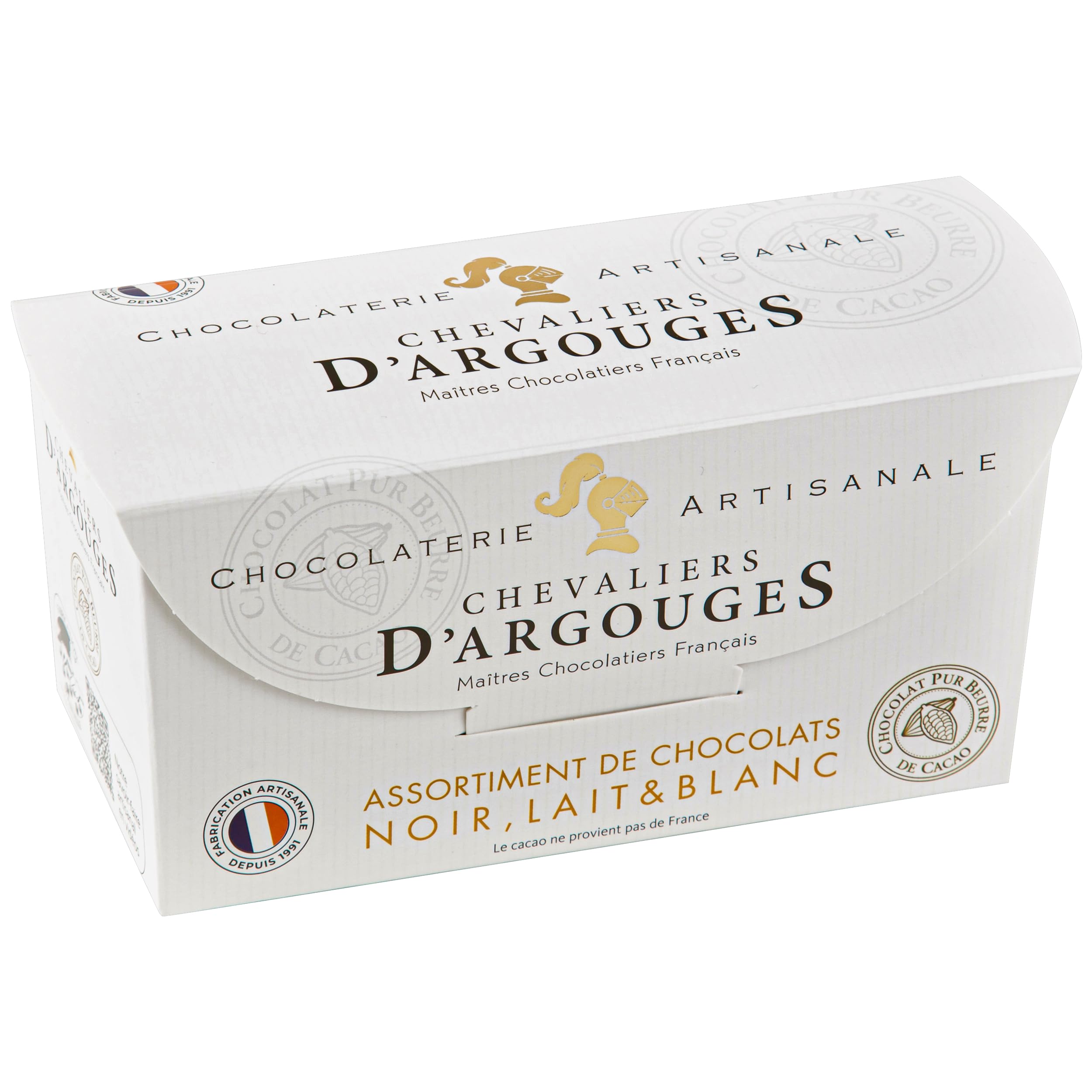 Chevaliers d'Argouges Assortiment de chocolats noir lait blanc Ballotin dégustation 175g