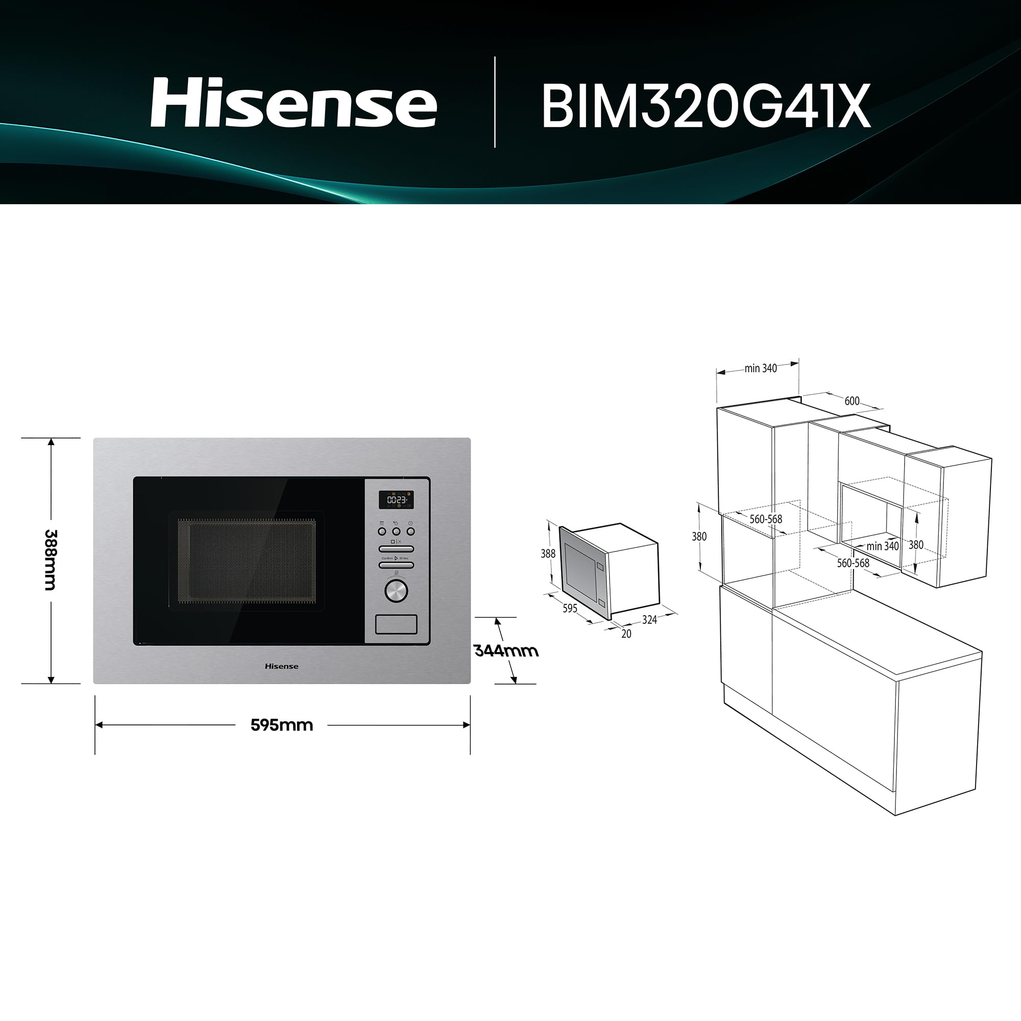 Hisense BIM320G41X - Microondas Integrable, 1000W, 20L, Alto 38.8cm x Ancho 59.5cm, Color Inox, 5 Niveles de Potencia, 15 Programas Preestablecidos, Grill Combo, Descongelar por Tiempo o Peso