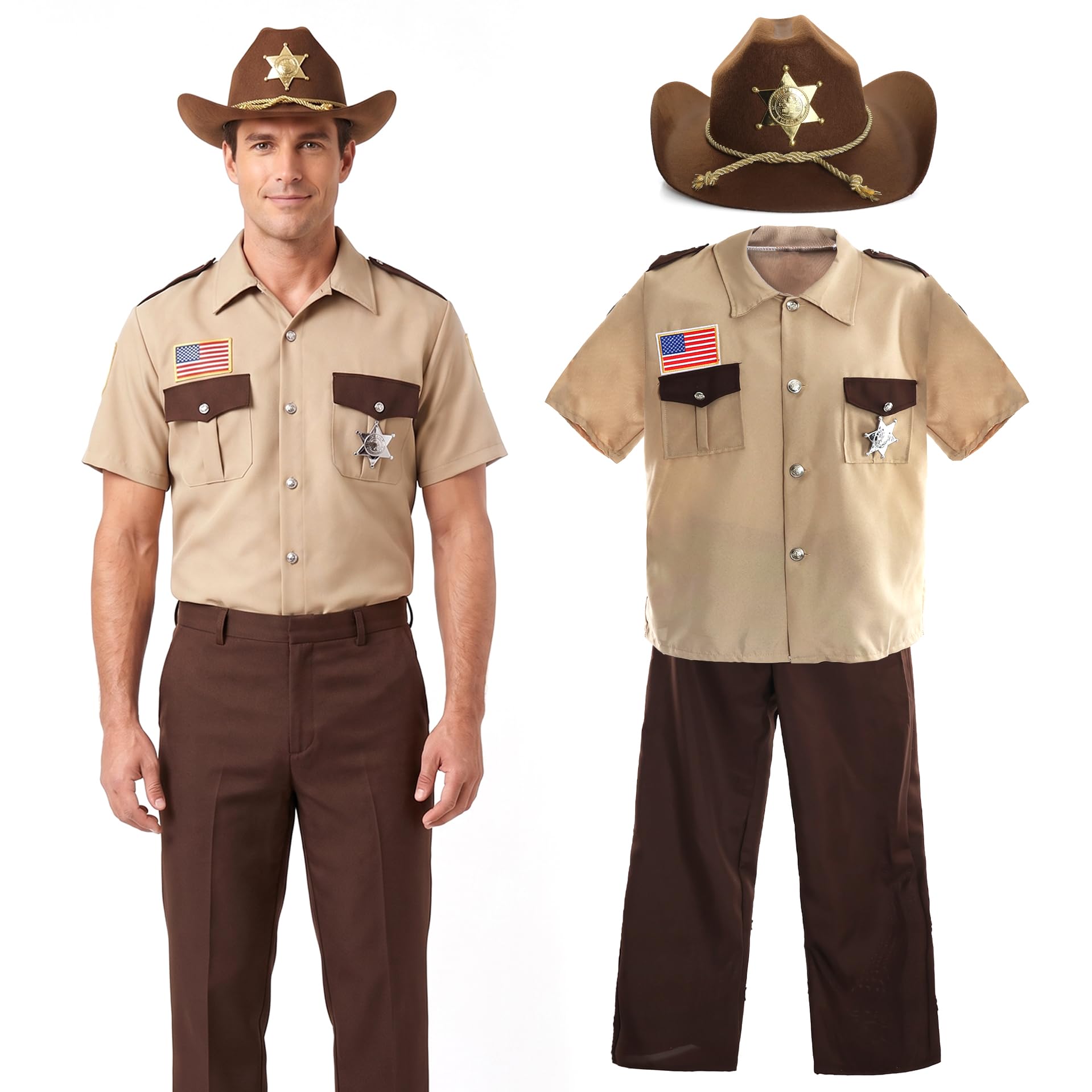 I LOVE FANCY DRESS MÄNNER Uns Sheriff KOSTÜM KOSTÜM - Erwachsene 4 STÜCK Sheriff KOSTÜM MIT BEIGE Shirt, Kunststoff Sheriffs Abzeichen, Cowboy-Hut UND BRAUNE Hose MIT EINEM ELASTISCHEN RÜCKEN (GROß)