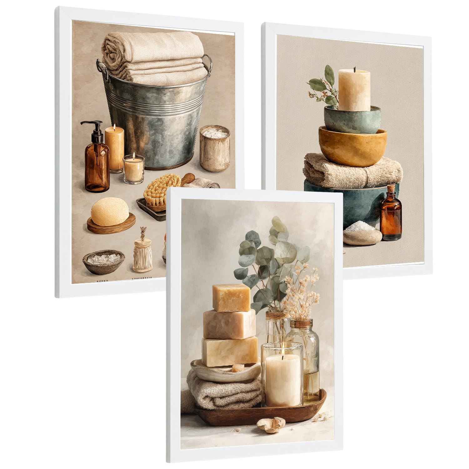 Nacnic Set Di 3 Stampe Decorative Per Bagno Poster E Quadri Da Parete Per Lavabo Doccia Wc E Toilette Con Candele Saponi E Asciugamani Stile Naturale Moderno A3 Cornice Bianca