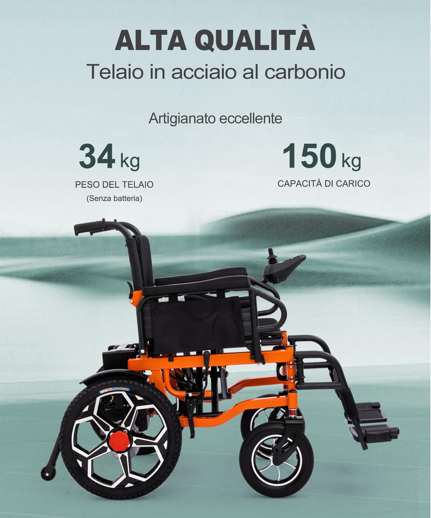 D09 sedia a rotelle elettrica pieghevole, seduta ampia per persone robuste, con 42cm pneumatici fuoristrada, un'autonomia 30Km, batteria 20Ah, portata 150kg, ideale per viaggi e uso quotidiano