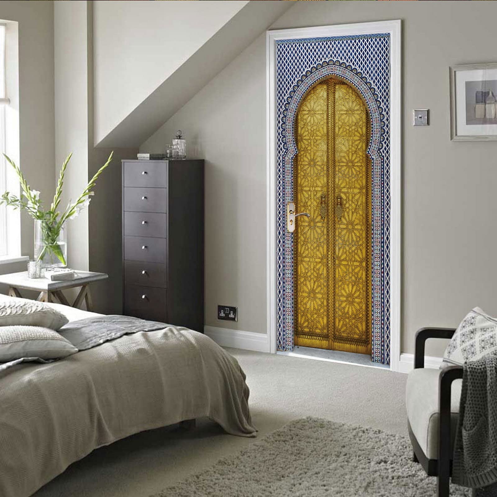 A.Monamour Adesivo Porta Autoadesiva Porta D'Oro Del Palazzo Reale Con Piastrelle A Mosaico A Fez In Marocco Vinile PVC Adesivi per Porte Interne 3D Pellicola Adesiva Poster Sticker Murale Parete