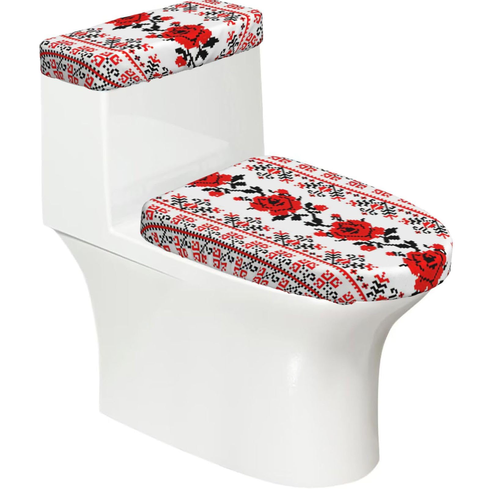 Ukrainian Embroidery Style Rose Print Bathroom Decor Toilet Lid Cover And Tank Covers, Restroom Accessories Fits Most Round