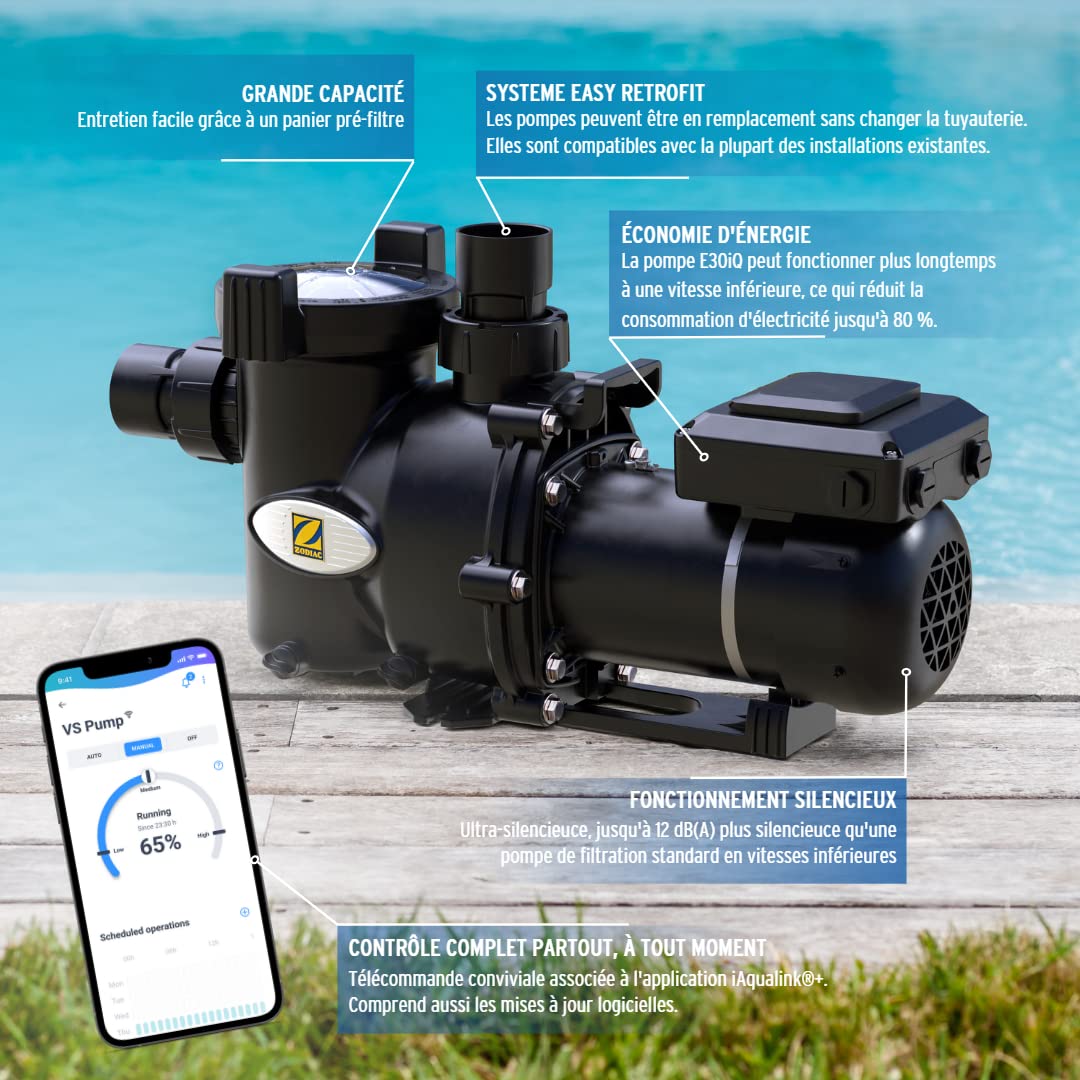 Zodiac E30 iQ 100, pompe de filtration à vitesse variable économe et recommandée pour les piscines jusqu'à 80 m3. Elle utilise peu d'énergie, silencieuse (-12dB) et peut être contrôlée par une app.
