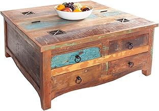 invicta Interior Jakarta Solid Coffee Table, 70 cm, Colourful Chest Made of Recycled Fishing Boats, Wood with Drawers, Living Room Table, Chest Table, Wooden Table Chest