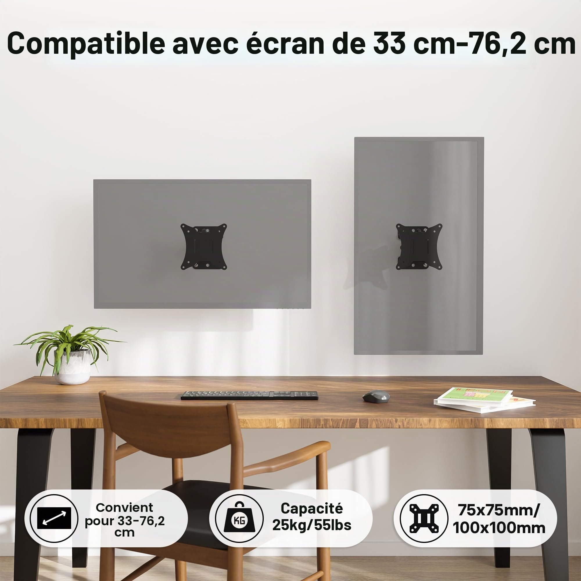 BONTEC Support TV Mural Inclinable et Orientable, Fixation Universelle pour Télévision et Moniteur Plat/Incurvé 13-30 Pouces, VESA 75x75/100x100mm, Charge Max 25kg, Rotation 360°