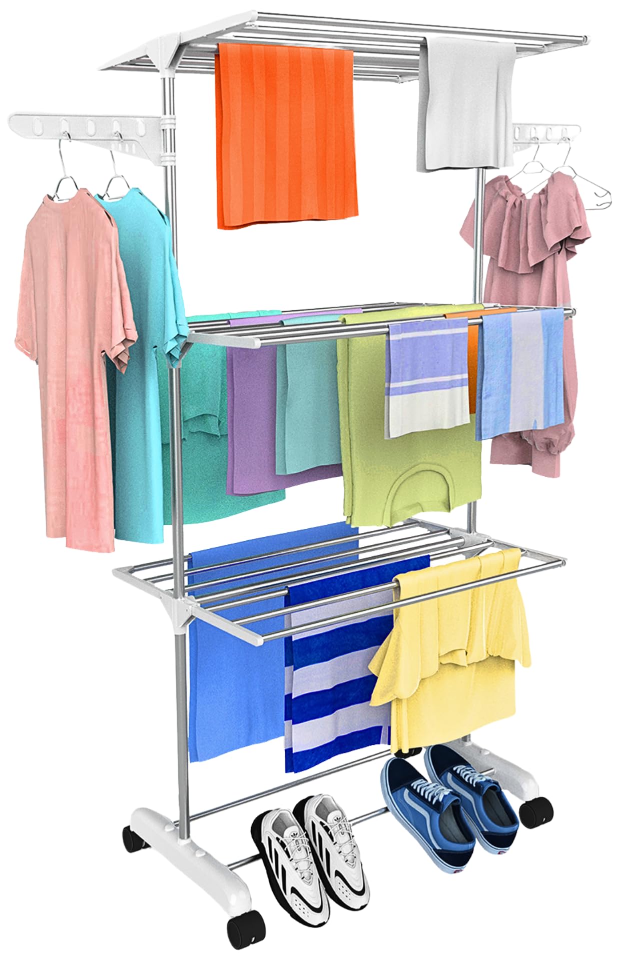 H Houseware Single Pole Stainless Steel 3 Tier Cloth Drying Stand with Wheels | Lightweight Clothes Dryer & Laundry Rack | 43.2D x 78.7W x 165H cm | Rustproof & Portable(White)-image-8