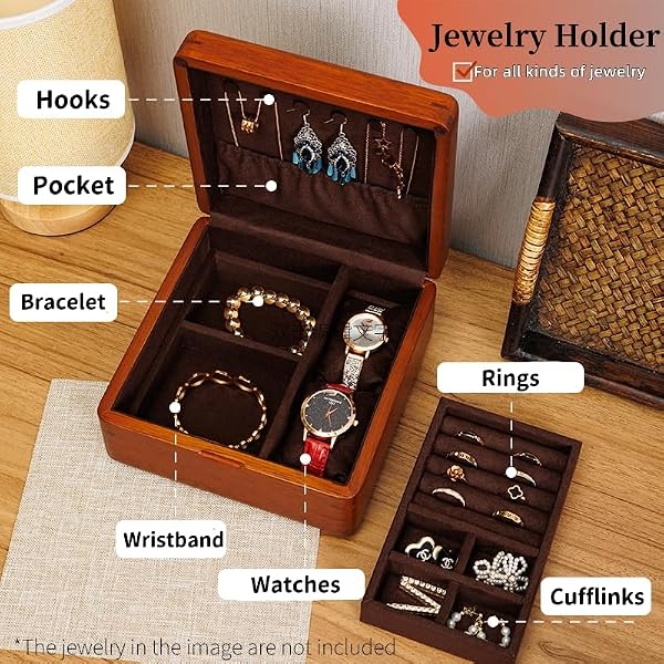LIBOLXSP 2 Layer Natural Solid Walnut Wood Jewelry Box for Girls Vintage Real Wood Vintage Jewelry Organizer Storage Built in Necklace Hooks for Earrings Rings Necklaces Bracelet Watch Men by LIBOLXSP - Image 3
