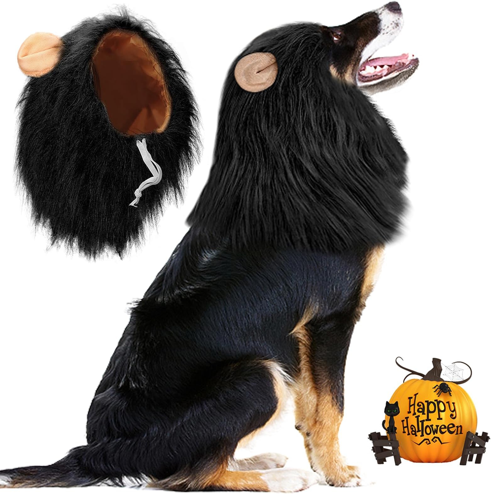 Vivifying Lion Mane Wig, Adjustable Halloween Dog Costume with Ears, Dog Lion Mane Costume for Dog (Black)