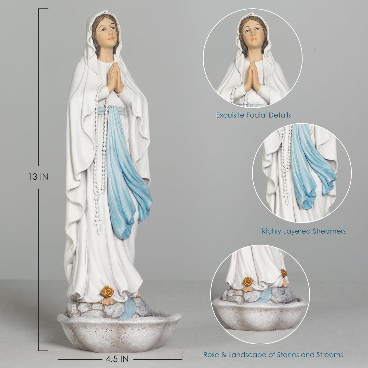 Our Lady of Lourdes Statue, 13 Inches Mary Praying Rosary Holder Catholic Home Decor, Hand Painted Virgin Mary Statue Indoor Religious Items Gifts for Mother, Grandma - Image 2