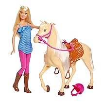 Barbie – Playset Bambola e Cavallo, include una Barbie snodata bionda con il caschetto e il suo cavallo marrone con sella e briglie rimovibili, giocattolo per bambini, 3+ anni, FXH13