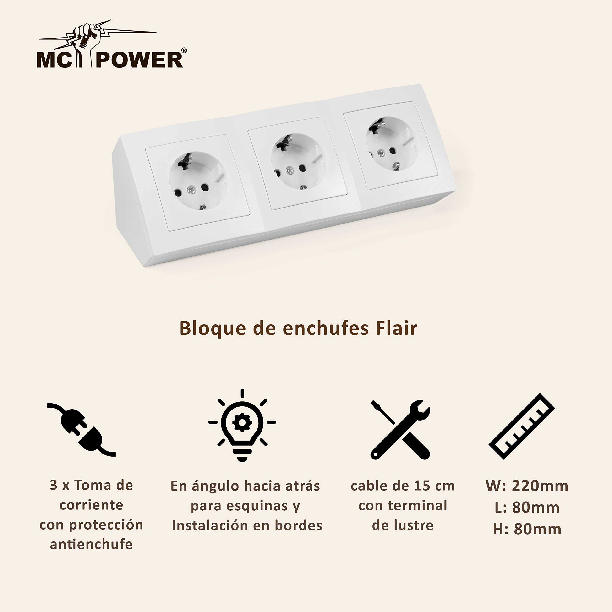 Bloque de bases de enchufe MC POWER | Flair | Bases de enchufe de 3 vías con contacto de puesta a tierra, cable de 15cm con terminal de lustre, 250V/ 16A, montaje en superficie, blanco mate