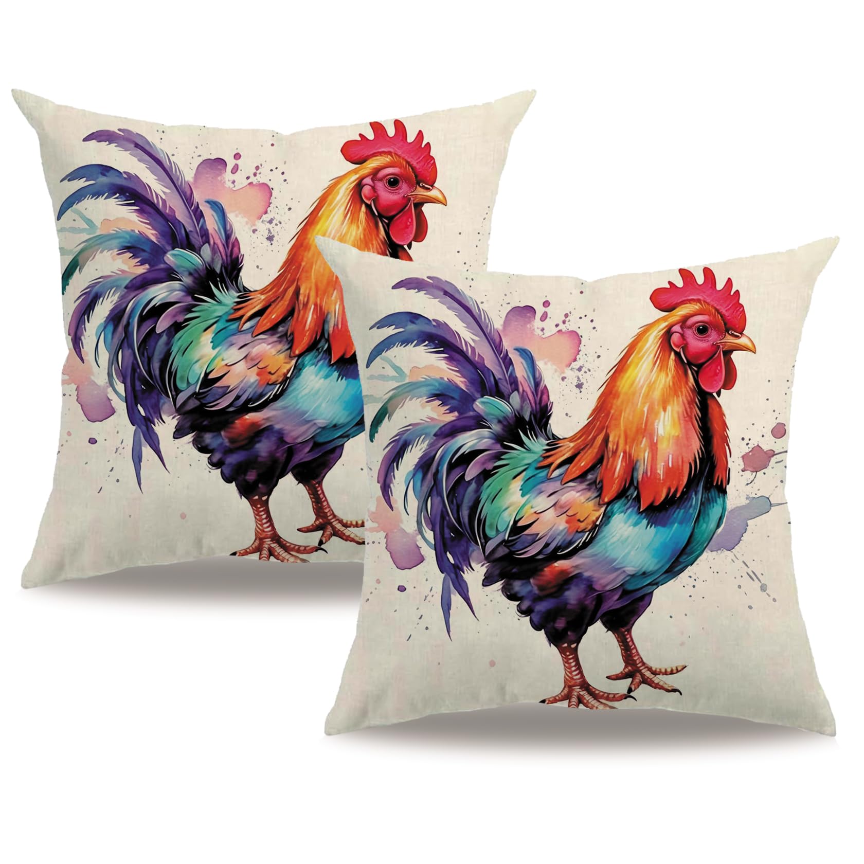 7COLORROOM Watercolor Animals Throw Pillow Covers 18x18 Inch Painting Rooster Print Cushion Case Farmhouse Spring Summer Decoration 2Pack Square Pillowcase for Patio Couch Sofa (Red)