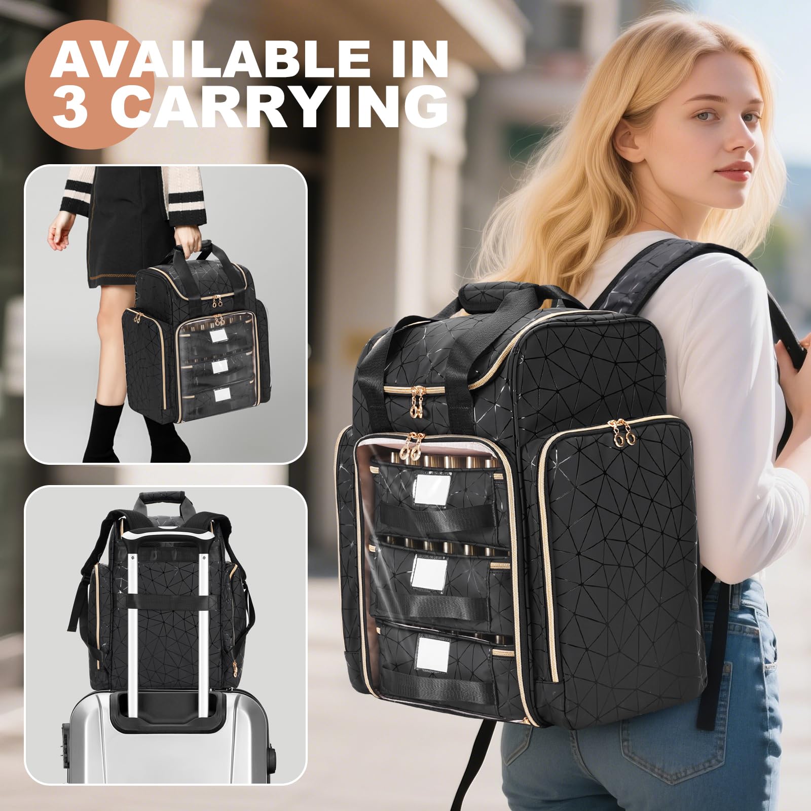 Uross Organizer per unghie per 126 flaconi di smalto e 1 lampada LED per unghie, borsa per la decorazione delle unghie, accessori (nero)