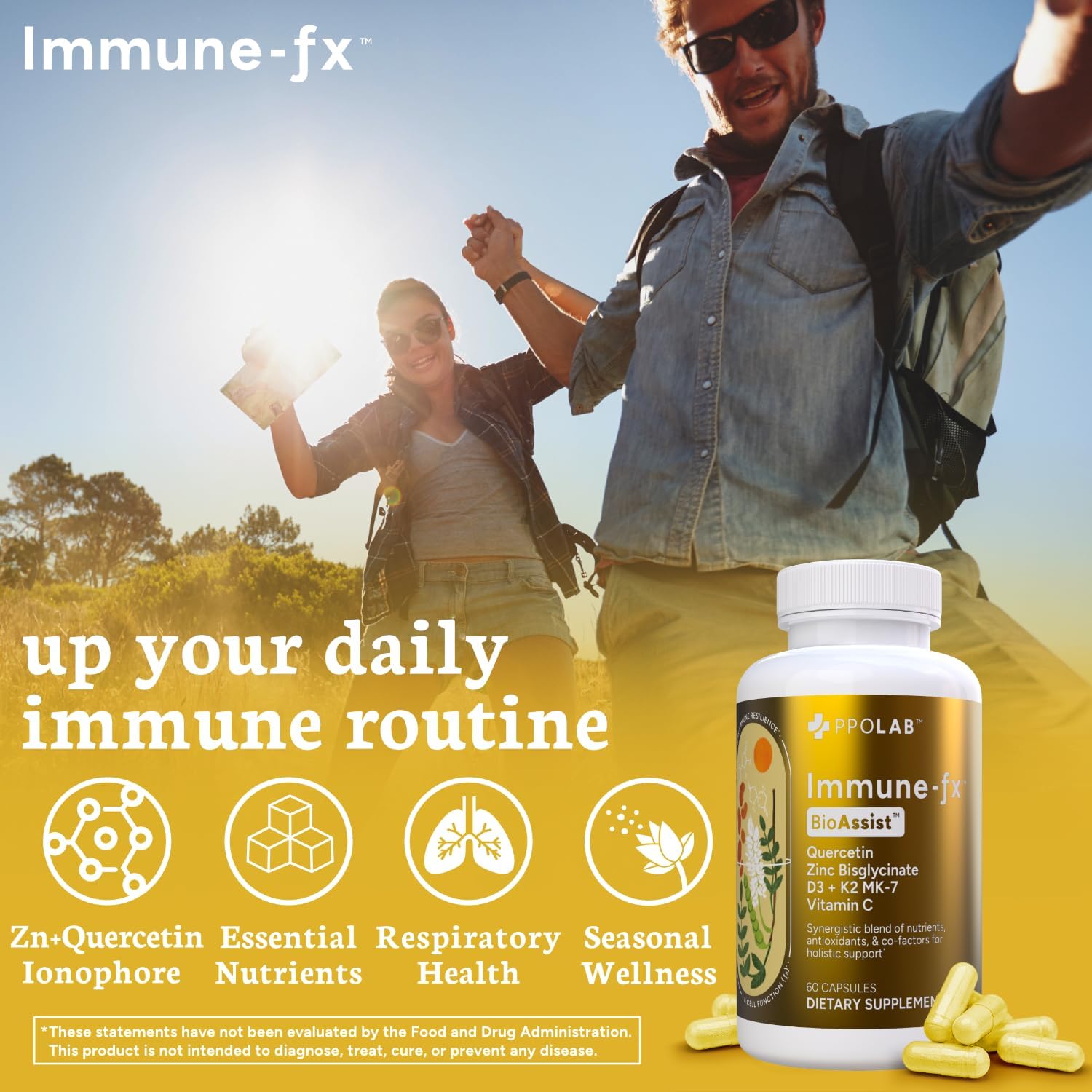 PPO Lab® Immune-fx™ Advanced Zinc Ionophore One-A-Day Immune Support Supplement with Zinc Bisglycinate, Quercetin, Vitamin C, D3, K2 for Respiratory, Heart, Histamine, Antioxidant Health, 60 Capsules