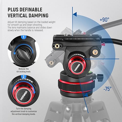 Miniatura 3 de NEEWER 74" Video Tripod with Adjustable Damping Fluid Head, Metal Heavy Duty Dual-Mode QR Plate Compatible with DJI RS Gimbals, Flexible 360°