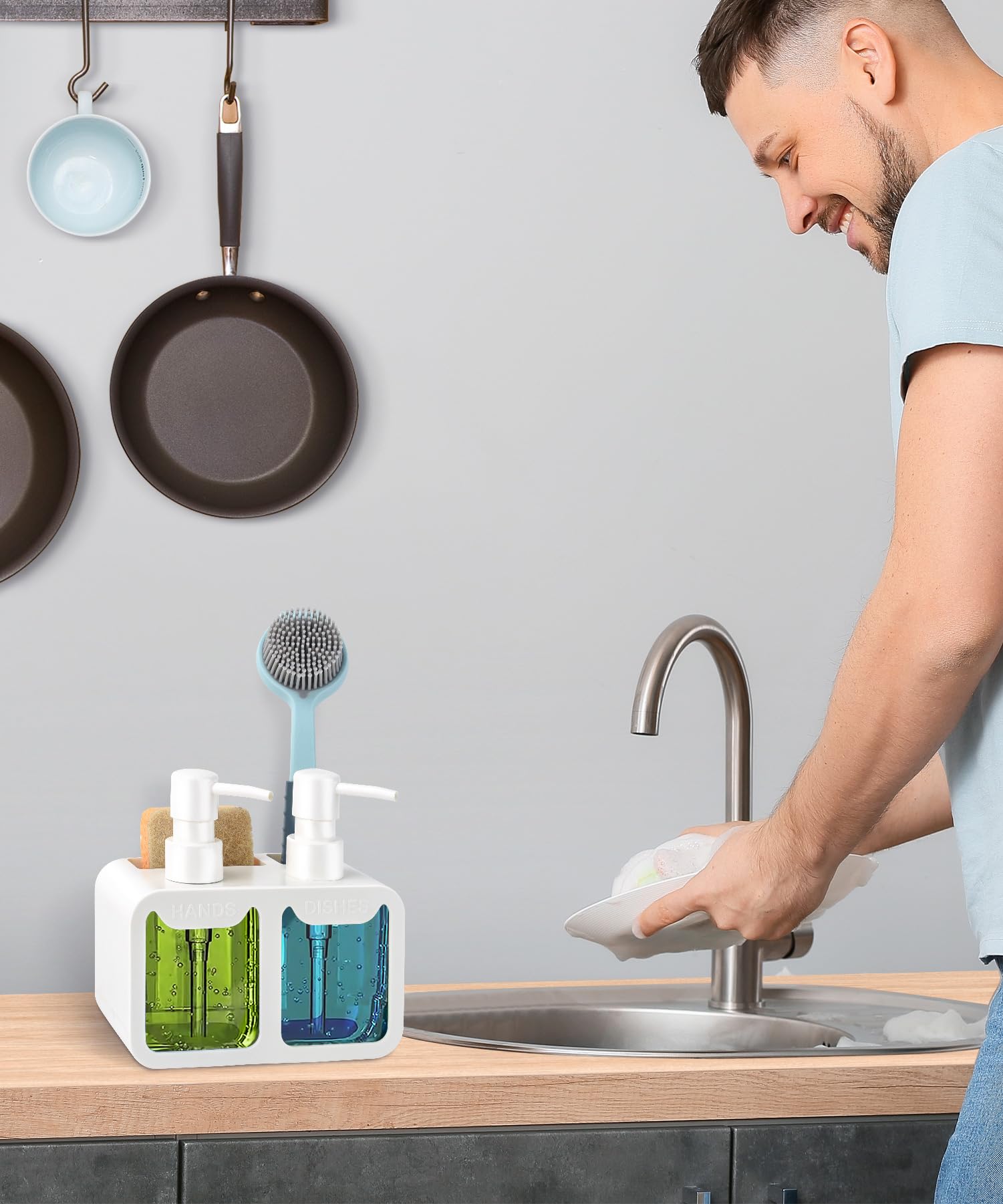 Set di erogatore di sapone per mani e detersivo per piatti, doppio erogatore con porta spugna e spazzola, erogatore di sapone 4 in 1 da appoggio per lavello della cucina, utili gadget da cucina