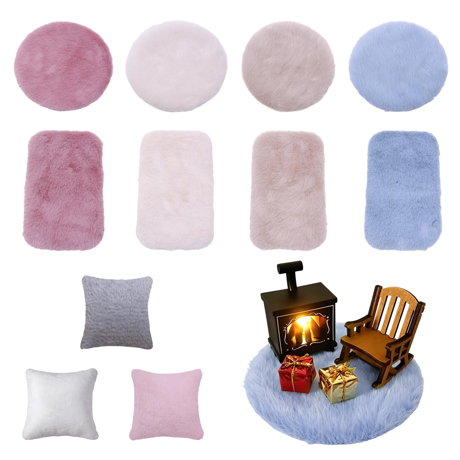 UJBVCX 11 Pieces Dolls House Accessories, 8 Pcs Dollhouse Rug & 3 Mini Throw Pillows, 1:12 Miniature Carpet, Plush Rug, for Furniture Decoration
