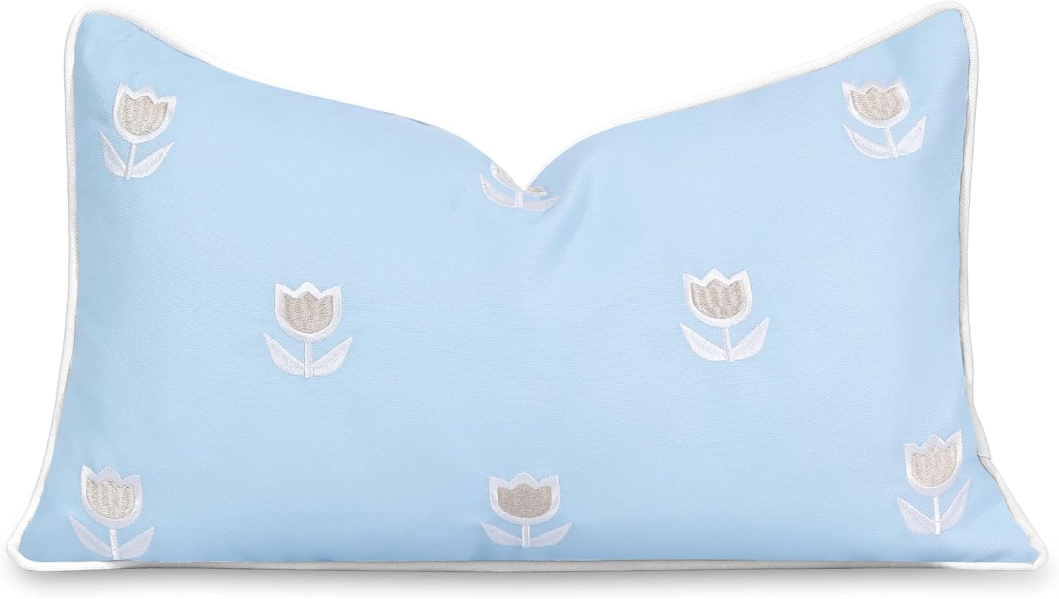 Hofdeco Premium Coastal Patio Indoor Outdoor Lumbar Pillow Cover Only, 12"x20" Water Repellent for Backyard, Couch, Baby Blue Tan Embroidered Tulips Floral with Piping