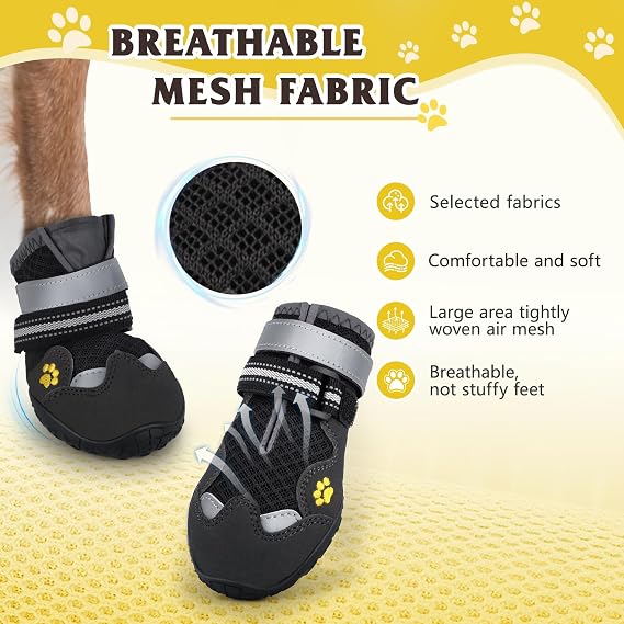 Dog Shoes, FISHOAKY Dog Shoes for Large Dogs, Mesh Breathable Dog Boots & Paw Protectors for Summer Hot Pavement, 360°Anti Slip 4Pcs Dog Booties with Reflective Black (Size 4)
