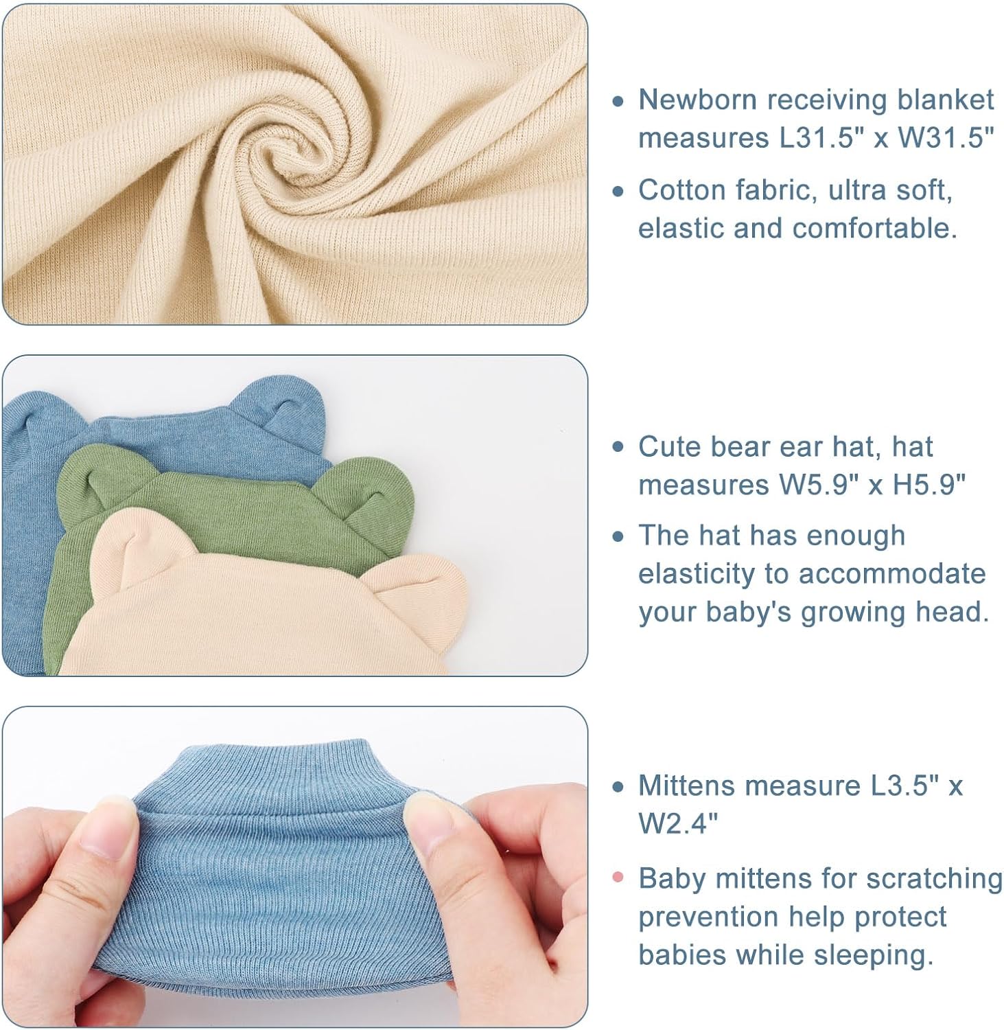 AQOKKA 3 Sets Cotton Baby Swaddle Blankets Wrap with Cute Bear Ears Hats Elastic Mittens Wooden Birth Announcement Card Soft Nursery Receiving Swaddles for Newborn Infant Girl Boy 0-3 Months