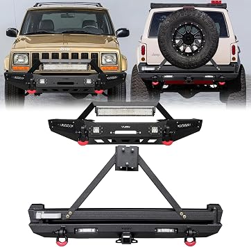 Cherokee Front and Rear Bumper Compatible with 1984-2001 Jeep Cherokee XJ w/Winch Plate & 7 LED Lights & 4 4.75T D-Ring & Hitch Receiver & Spare Tire Bracket Kit
