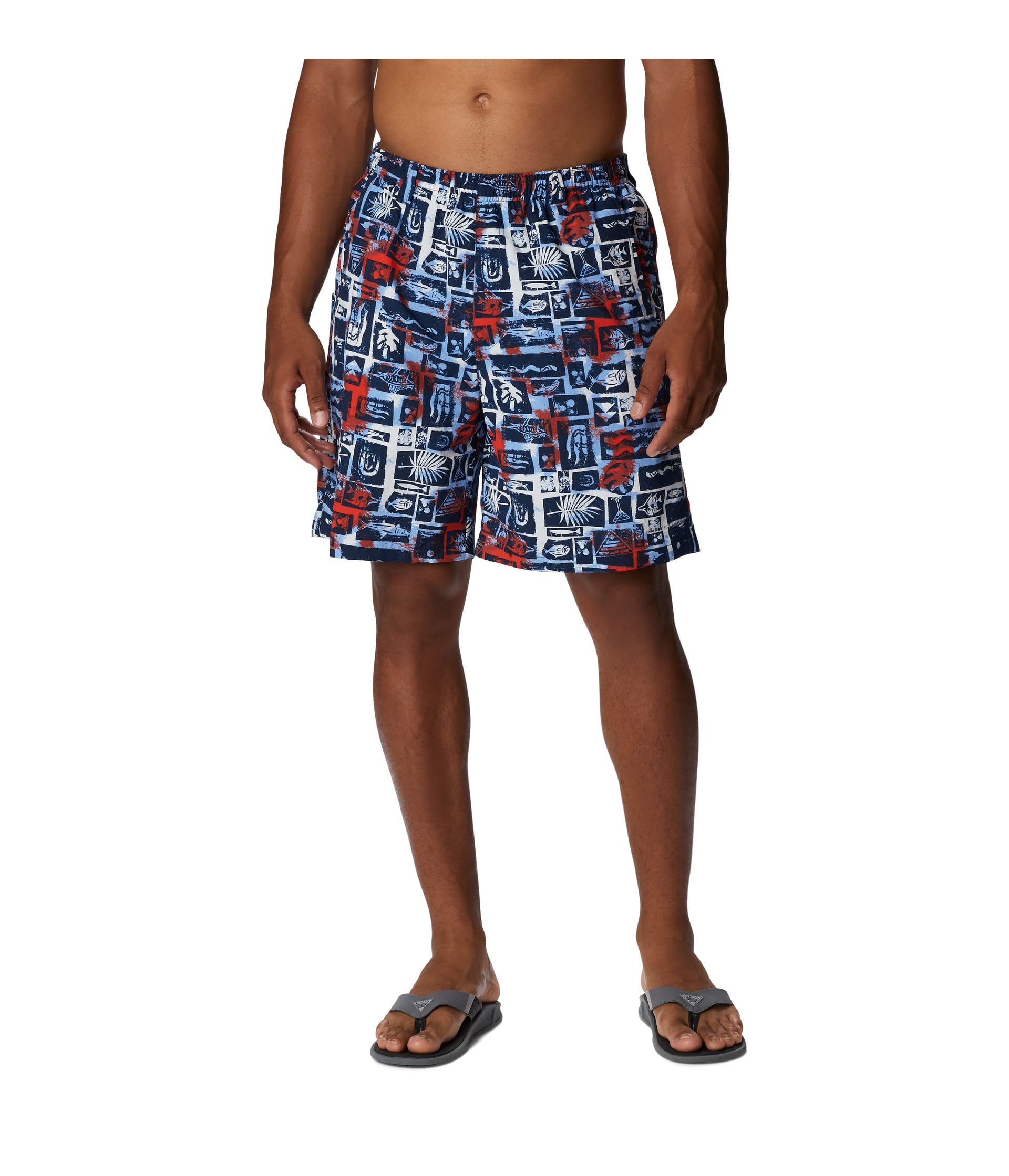 Columbia Men's Super Backcast Water Shorts - UPF 50 Sun Protection, Quick-Dry, Collegiate Navy Crosshatched Tuna Print, Medium 6" Inseam