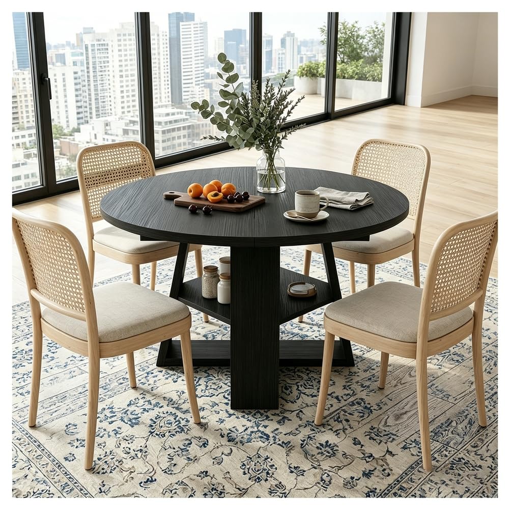 Mesa de comedor extensible, mesa de comedor redonda expandible, cocina de madera con estante de almacenamiento, ahorra espacio para 4-6 personas, ideal para espacios pequeños, sala de estar